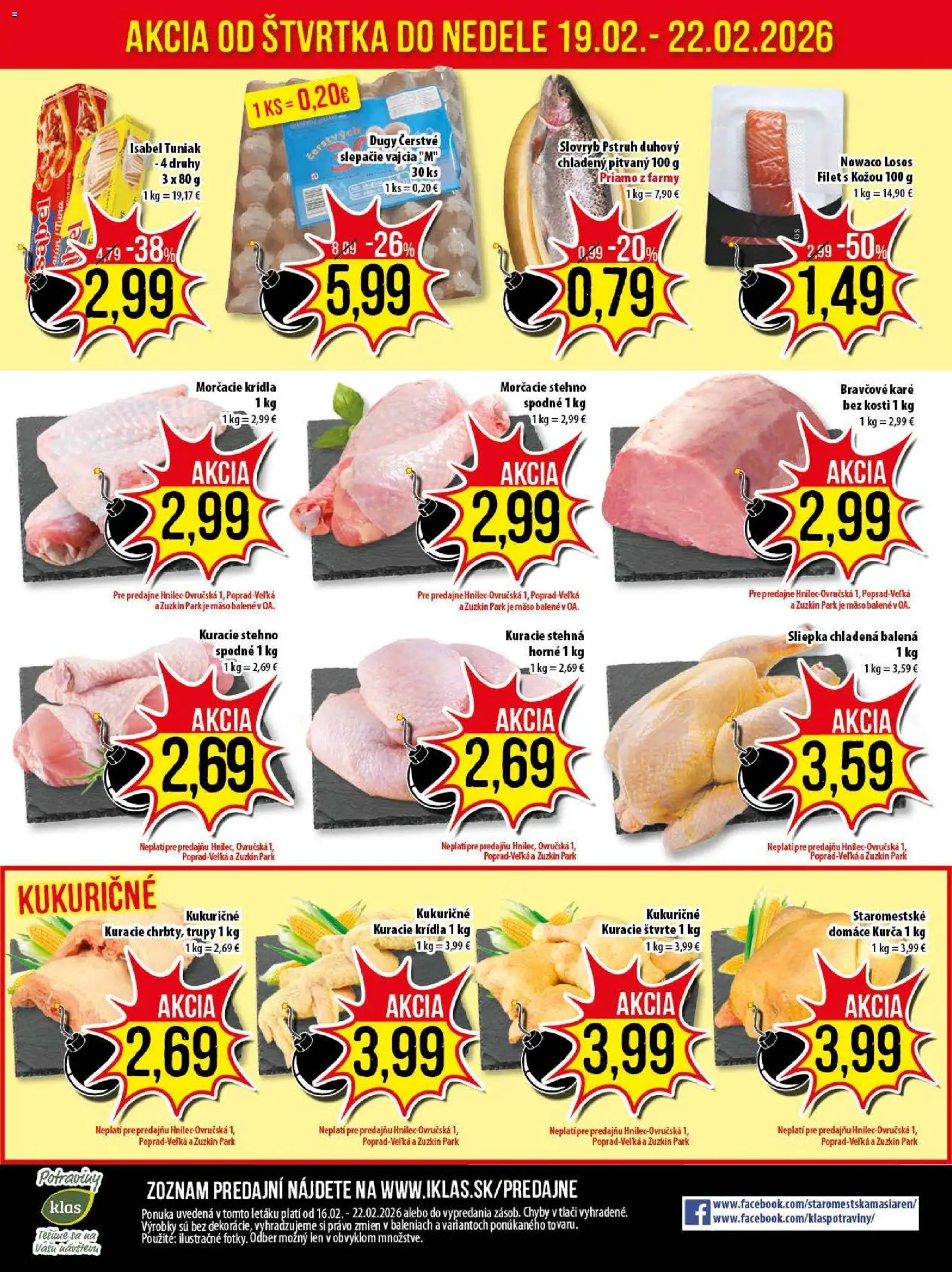 Nové Klas akcie – leták je platný od 16.02.2026 | Strana: 25 | Produkty: Vajcia, Tuniak, Pstruh, Bravčové karé