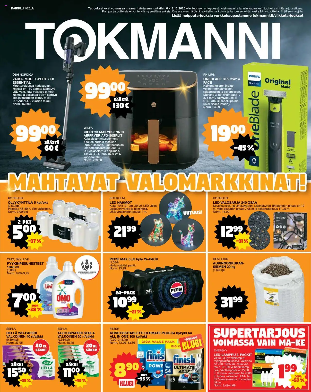 Tokmanni tarjoukset – voimassa 06.10.2025 alkaen | Sivu: 1 | Tuotteet: Hella, Varsi-imuri, Wc-paperi, Voi