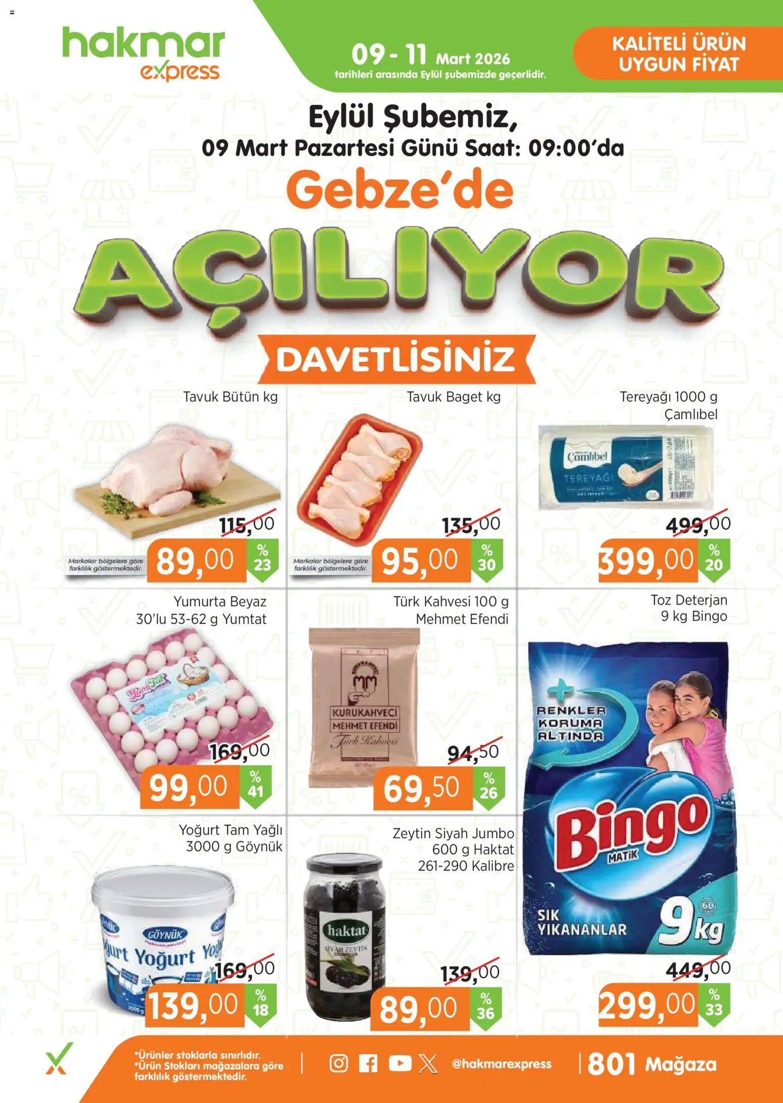 Hakmar Express - Açılış Mağazalarımız - 09.03.2026 tarihinden itibaren geçerlidir | Sayfa: 1 | Ürünler: Yoğurt, Yumurta, Deterjan, Saat