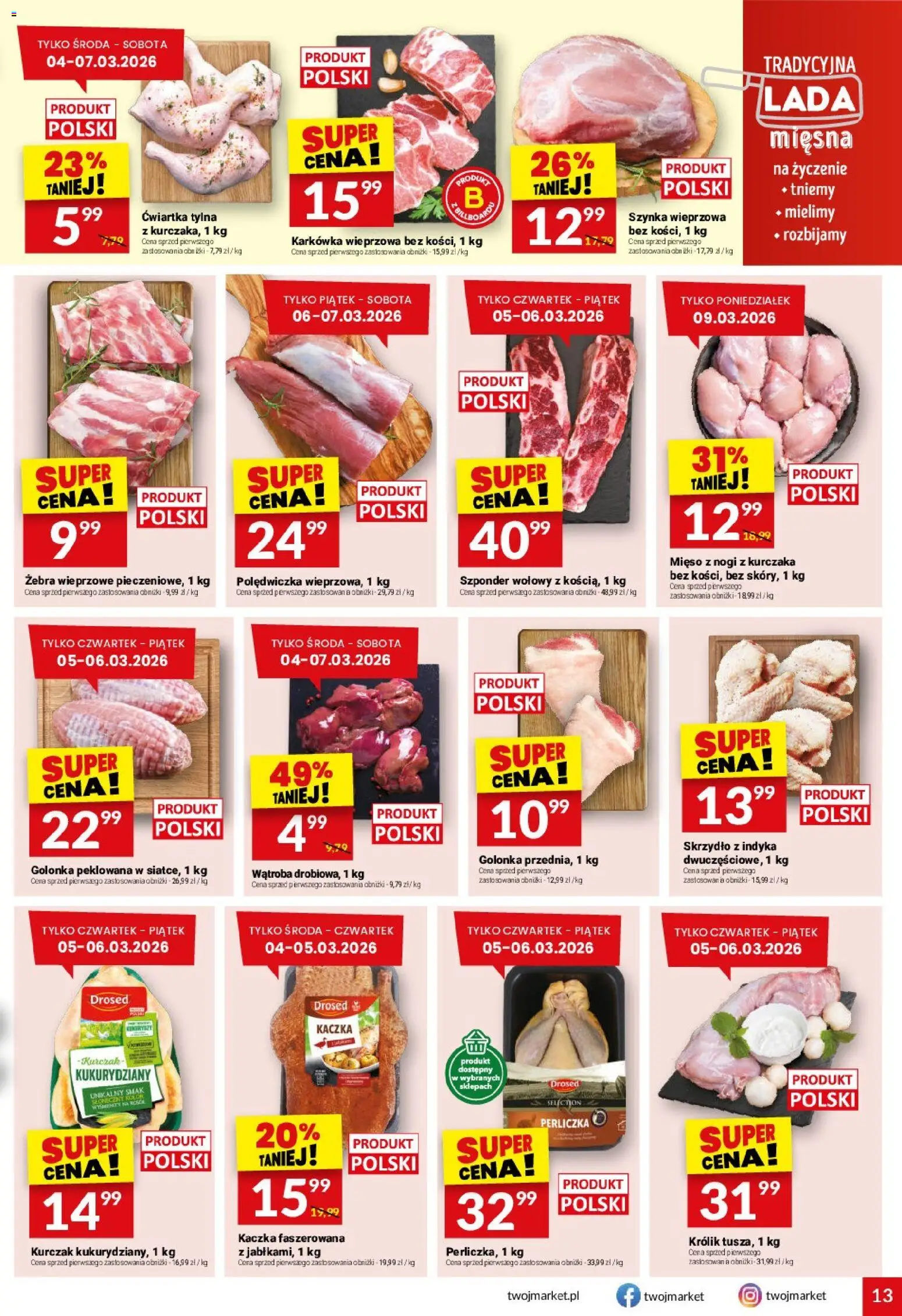 Twój Market gazetka od 04.03.2026 | Strona: 13 | Produkty: Karkówka, Kurczak, Szynka, Perliczka