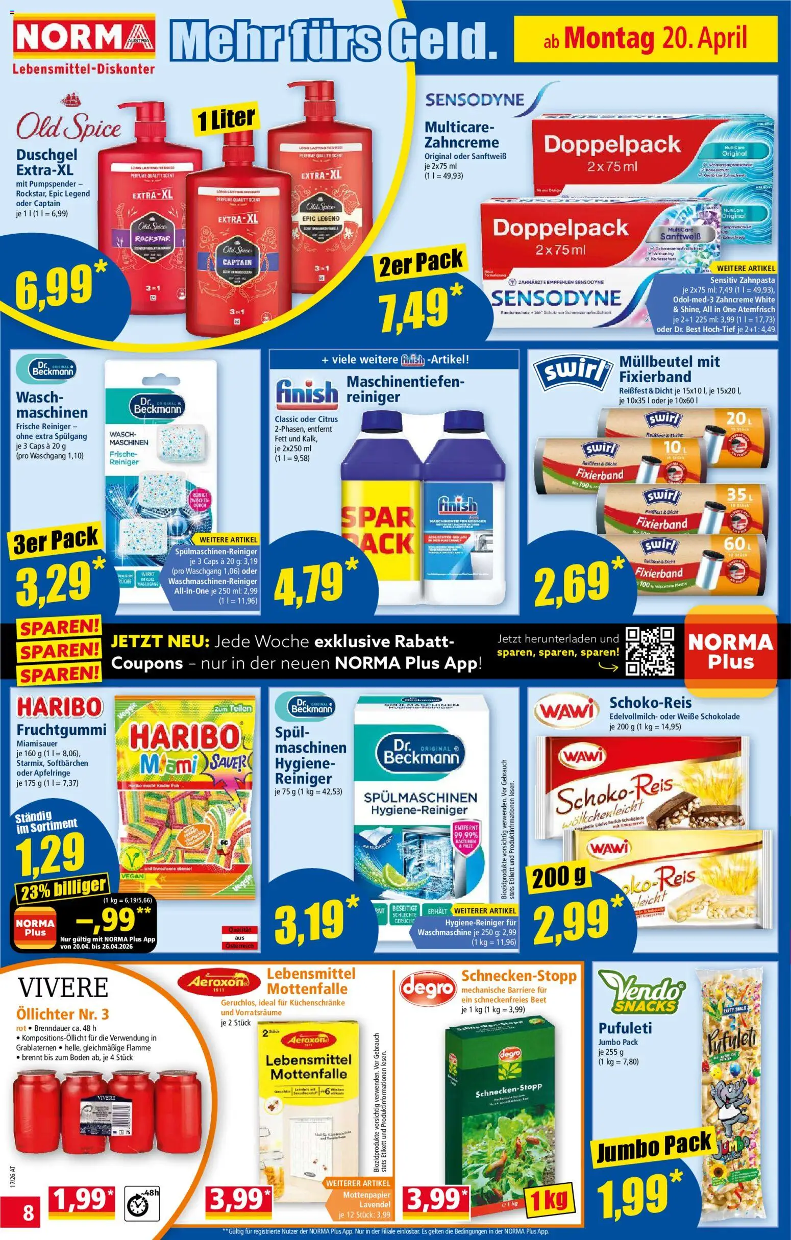 Norma Flugblatt gültig ab 20.04.2026 | Seite: 8 | Produkte: Spülmaschinenreiniger, Schokolade, Duschgel, Zahnpasta