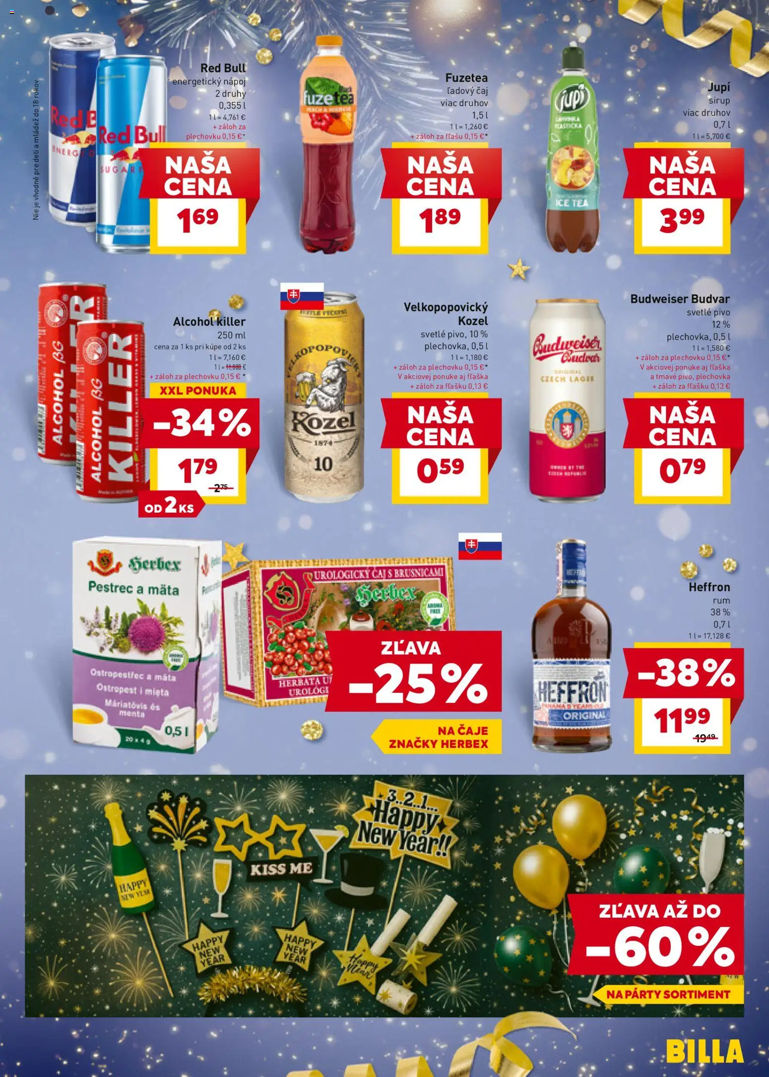 Nové Billa akcie – leták je platný od 27.12.2025 | Strana: 17 | Produkty: Čaj, Red Bull, Budvar, Energetický nápoj