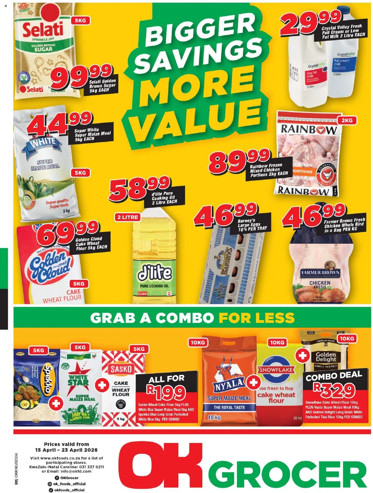 New OK Foods catalogue – valid from 15.04.2026 | Page: 1 | Products: Flour, Maize meal, Chicken, Sugar