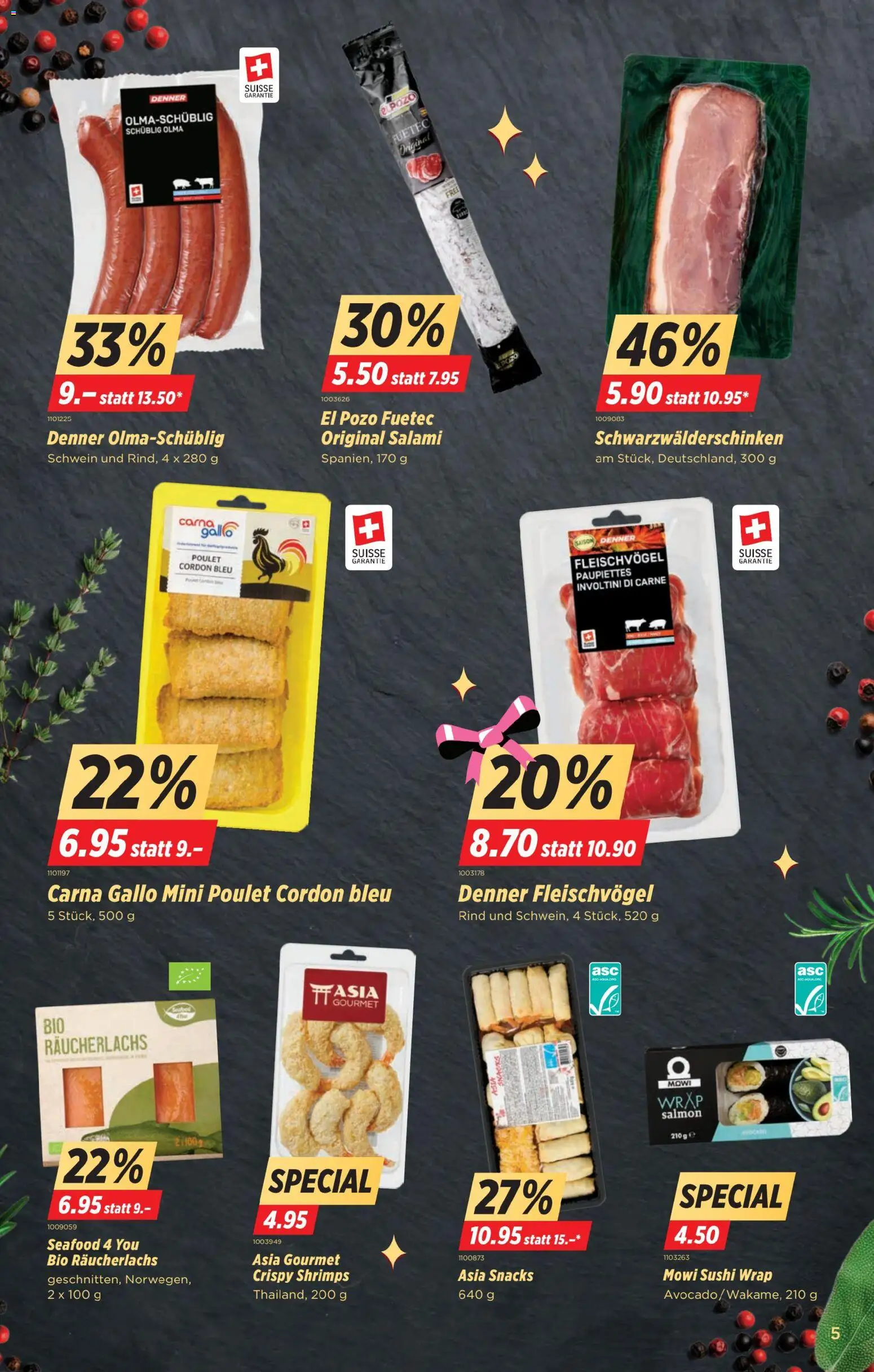 Denner Aktionen – gültig ab 25.11.2025 | Seite: 5 | Produkte: Räucherlachs, Salami