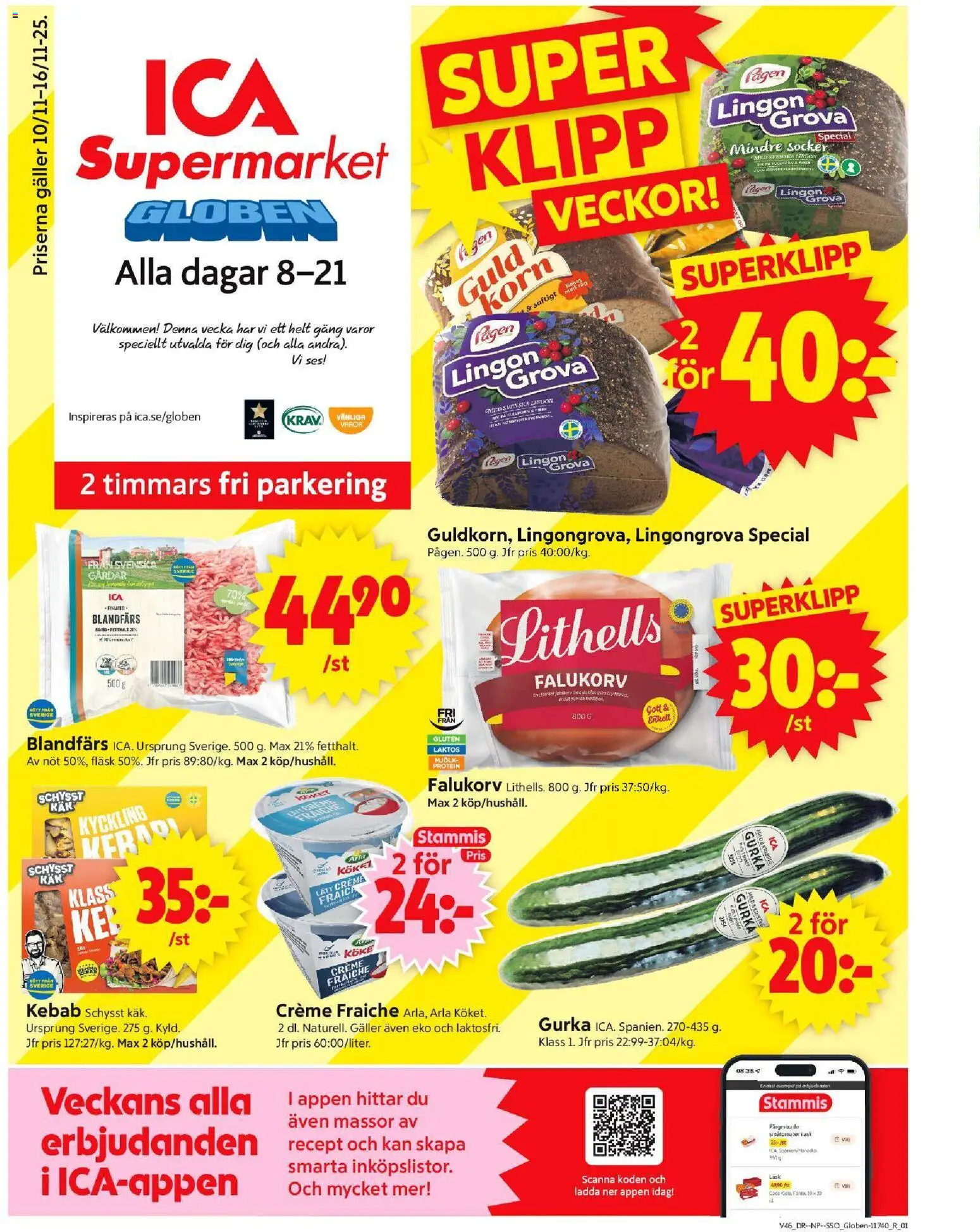 ICA Supermarket reklamblad aktuell från 10.11.2025 | Sida: 1 | Produkter: Lingongrova, Mjölk, Fläsk, Gurka