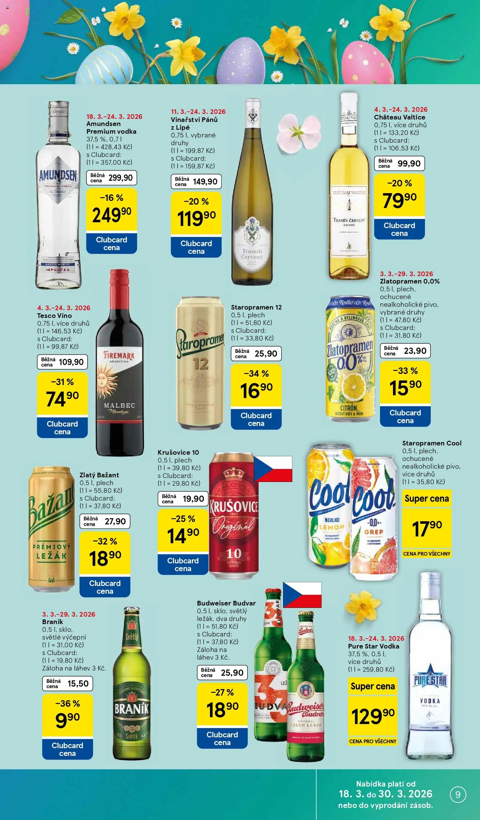 Tesco leták - Supermarket od 18.03.2026 | Strana: 9 | Produkty: Staropramen 12, Vodka, Radler, Braník