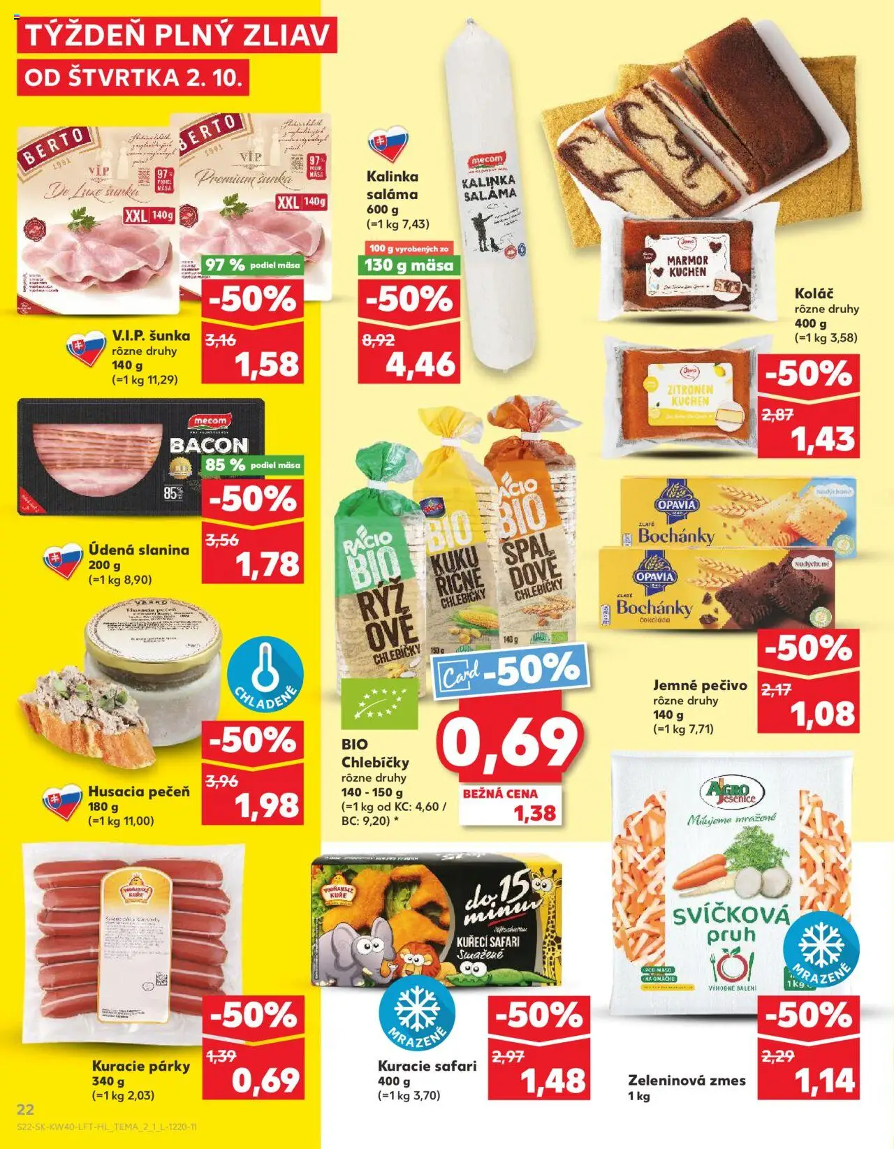 Nové Kaufland akcie – leták je platný od 02.10.2025 | Strana: 22 | Produkty: Šunka, Slanina, Koláč, Párky