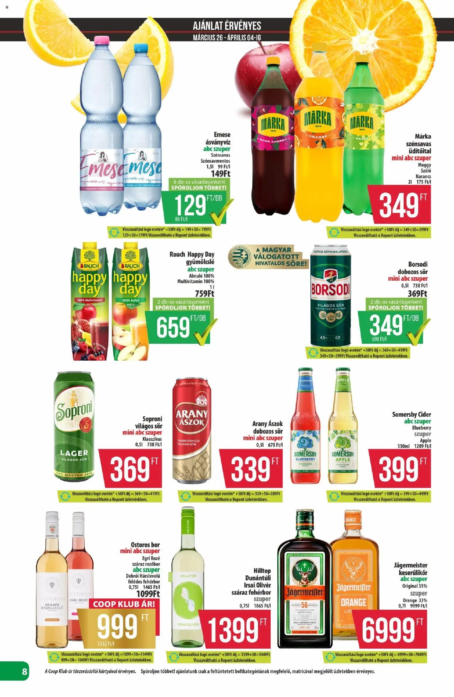 COOP akciós ujság - amely érvényes a következő dátumtól: 26.03.2026 | Oldal: 8 | Termékek: Jägermeister, Meggy, Arany ászok, Narancs