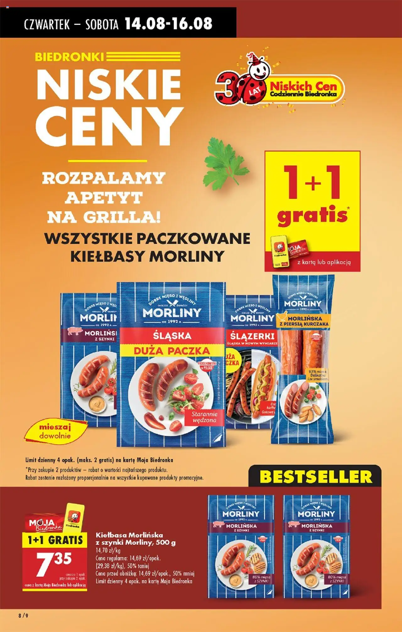 Biedronka gazetka - Oferta w tym tygodniu od 14.08.2025 | Strona: 8 | Produkty: Karta, Kiełbasa śląska, Kiełbasy Morliny, Wędliny