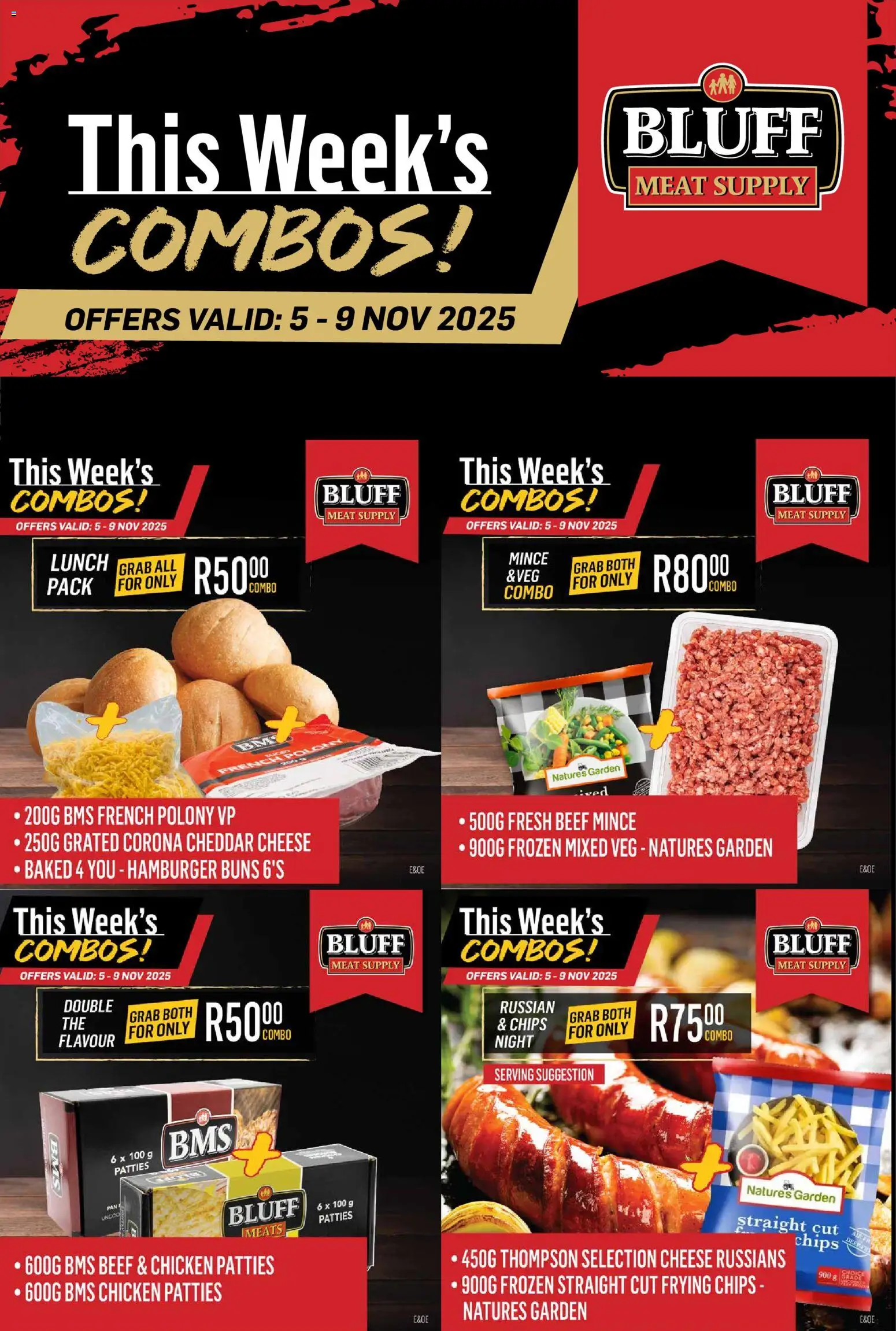 New Bluff Meat Supply catalogue – valid from 05.11.2025 | Page: 2 | Products: Buns, Chicken, Beef, Chips