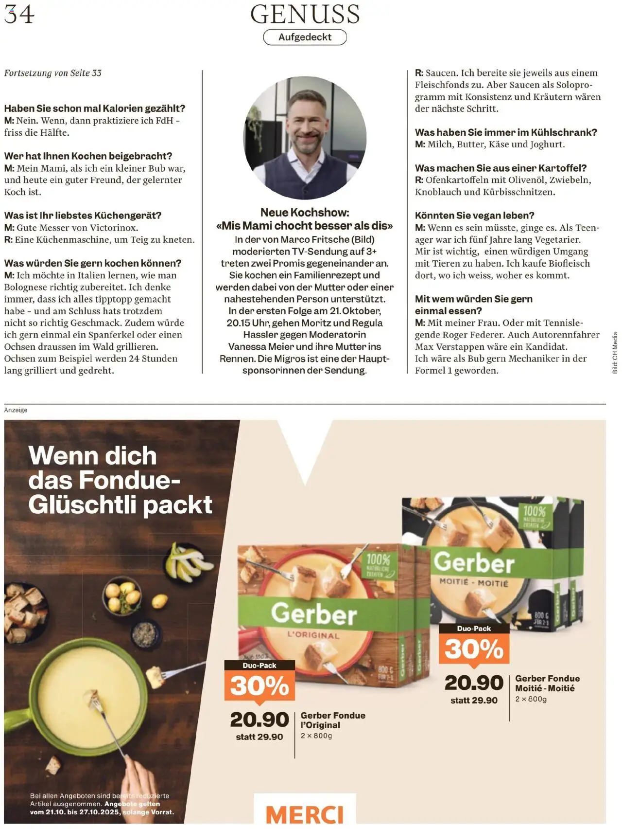 Migros Magazin – gültig ab 20.10.2025 | Seite: 34 | Produkte: Käse, Knoblauch, Fondue, Kühlschrank