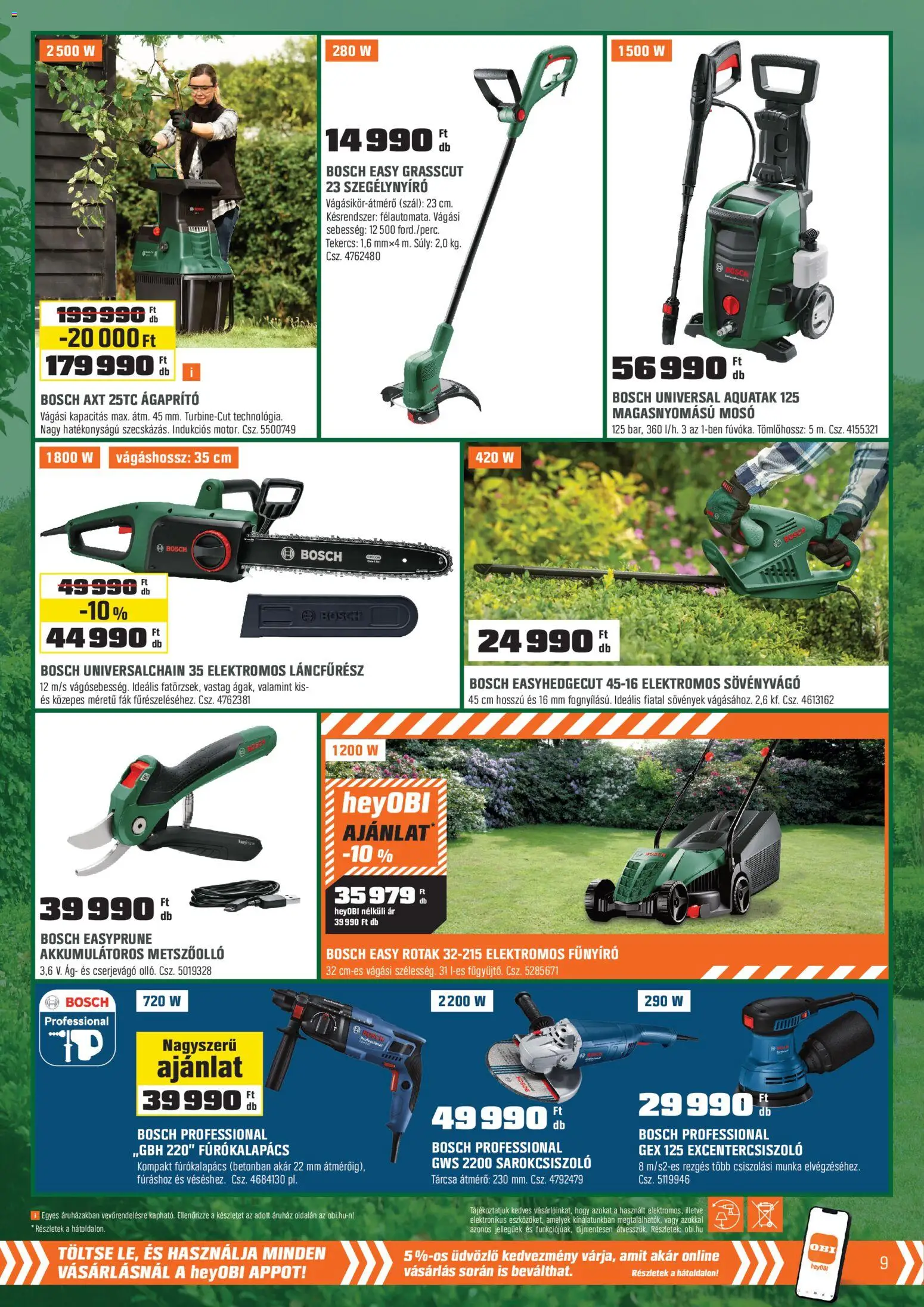 OBI akciós ujság - amely érvényes a következő dátumtól: 03.03.2026 | Oldal: 9 | Termékek: Fúrókalapács, Excentercsiszoló, Elektromos láncfűrész, Elektromos fűnyíró