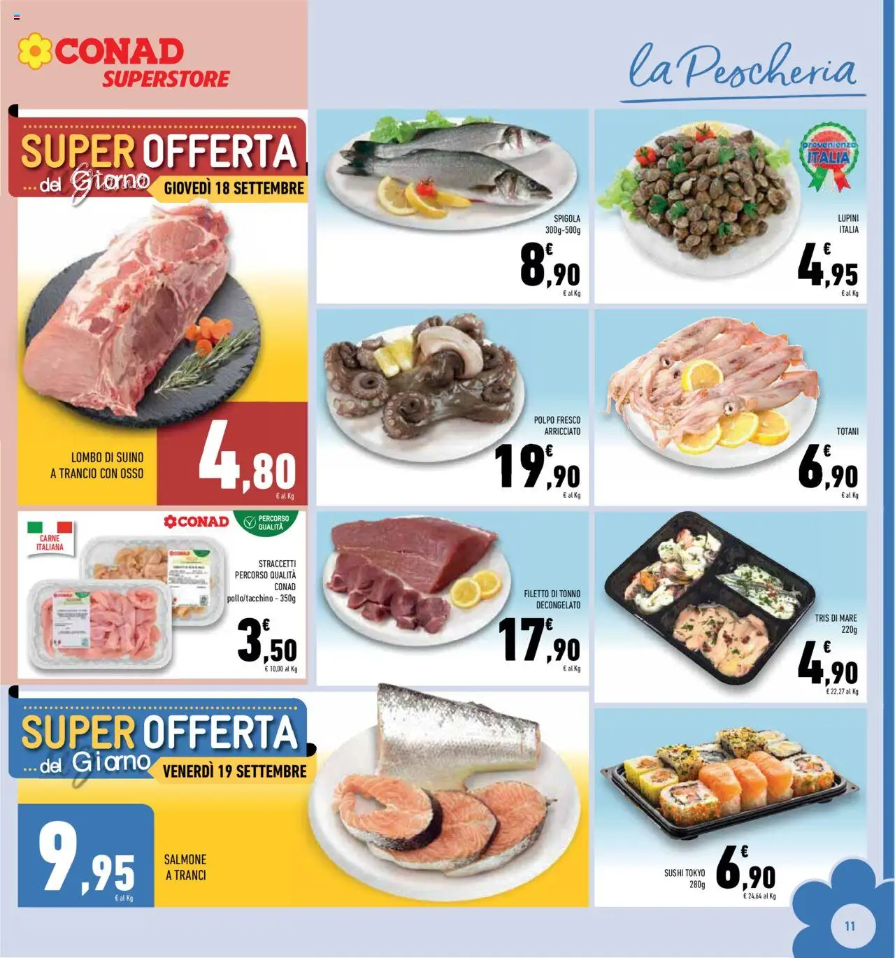 Volantino Conad del 10.09.2025 | Pagina: 11 | Prodotti: Lupini, Salmone, Spigola, Sushi