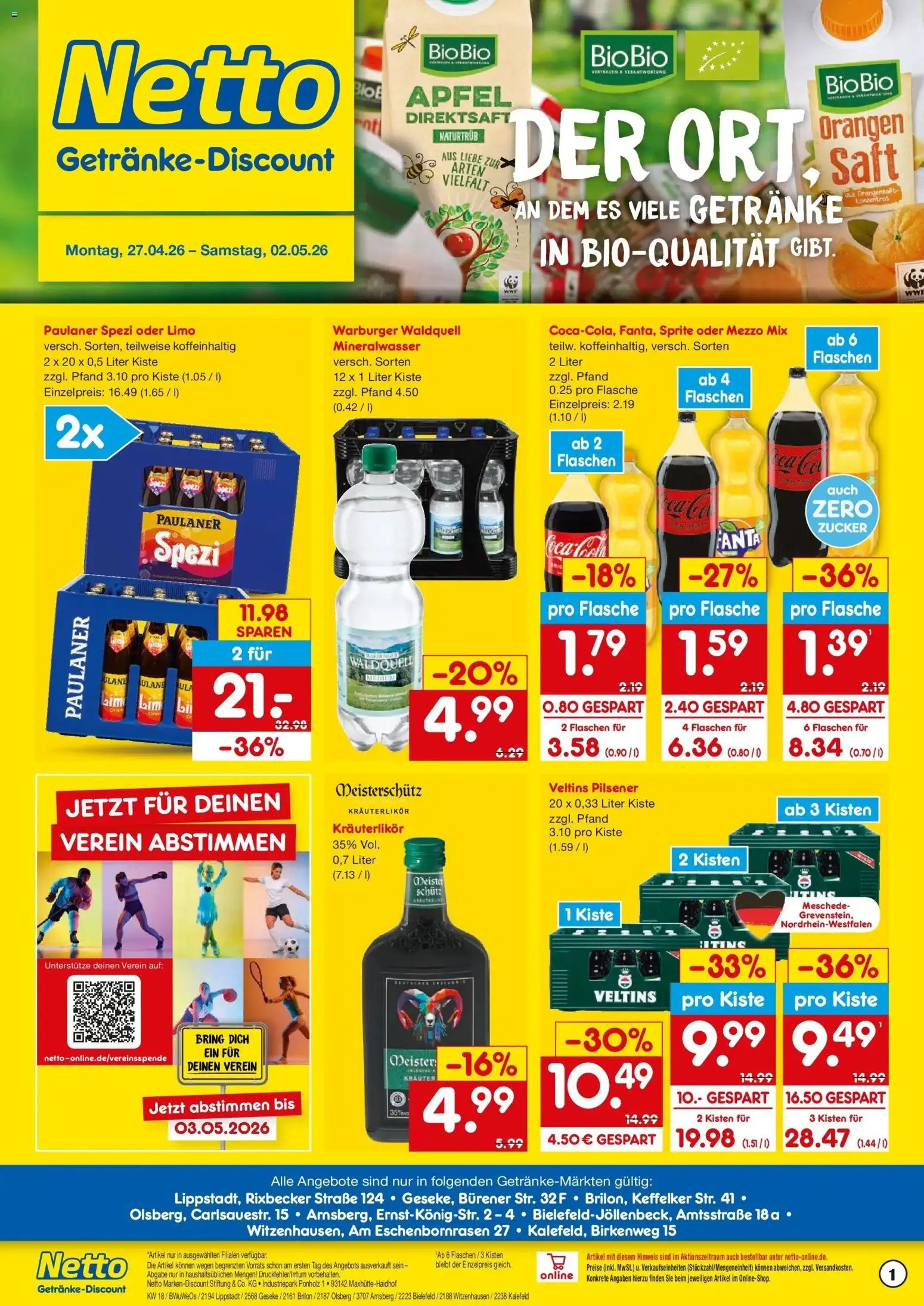 Netto Marken-Discount Prospekt Olsberg	 – gültig ab 27.04.2026 | Seite: 1 | Produkte: Fanta, Sprite, Äpfel, Paulaner