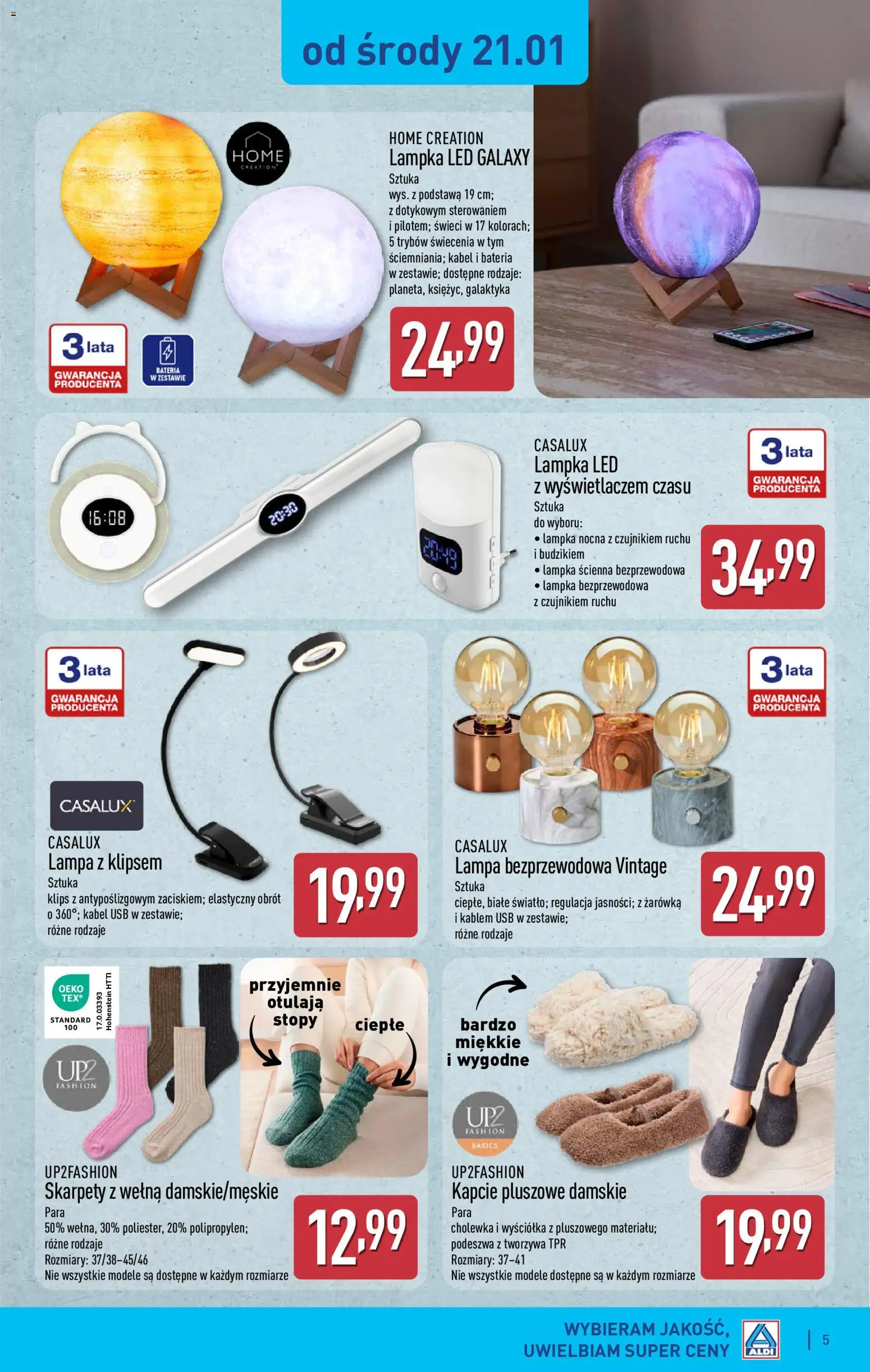 Aldi Gazetka - Hity od Środy i od Soboty od 21.01.2026 | Strona: 5 | Produkty: Kapcie, Kabel, Bateria, Lampa