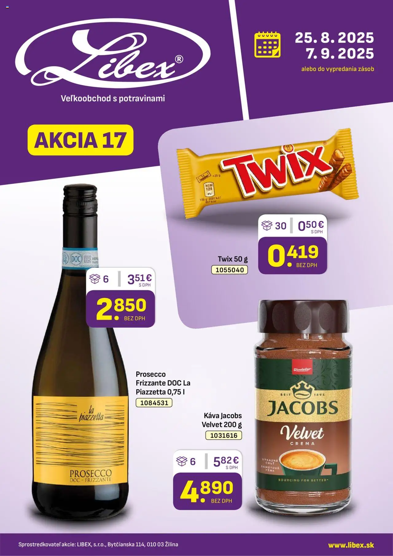 Libex leták │ platný od 25.08.2025 | Strana: 1 | Produkty: Jacobs Velvet, Káva, Prosecco