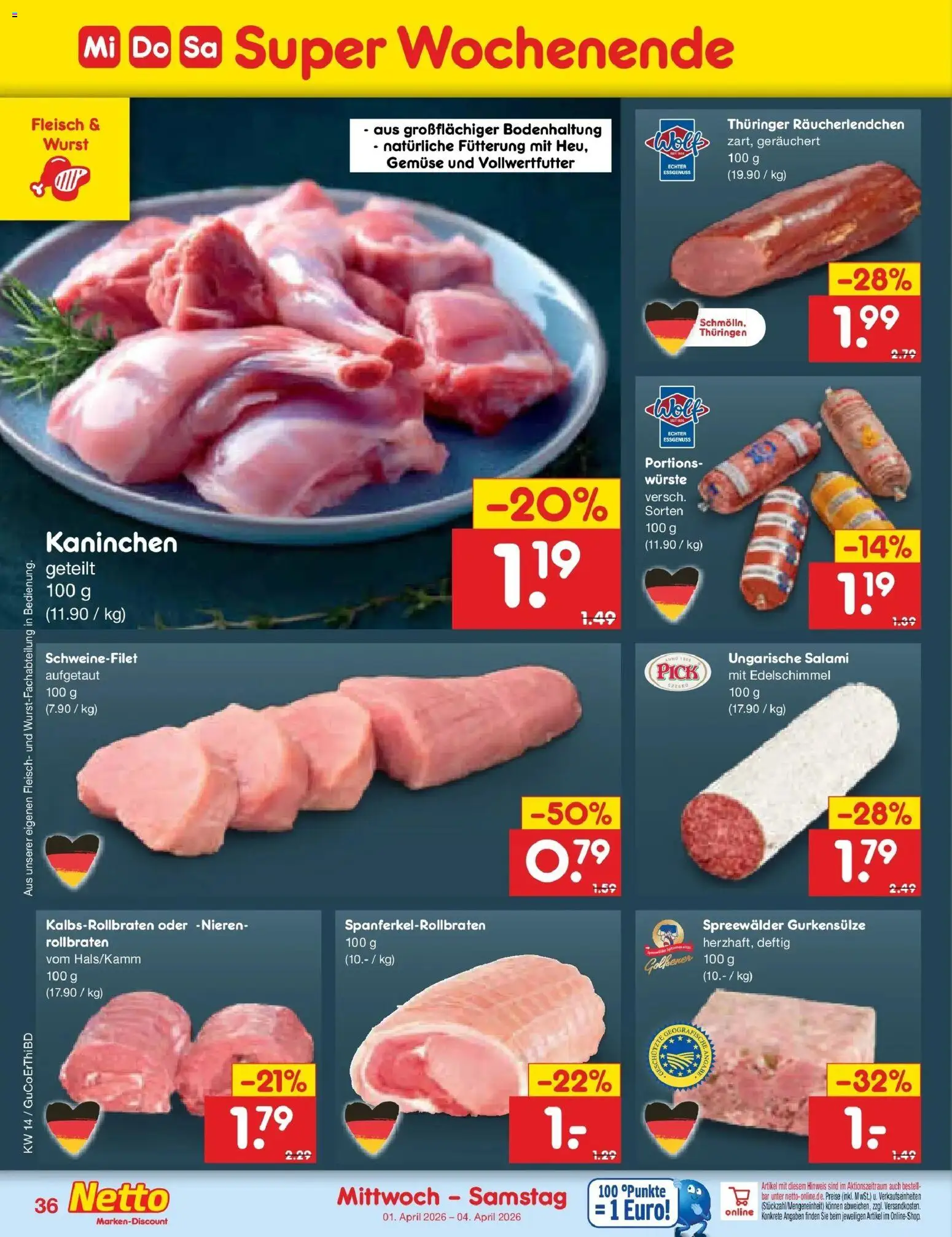 Netto Marken-Discount Prospekt Delitzsch	 – gültig ab 30.03.2026 | Seite: 50 | Produkte: Kaninchen, Schweinefilet, Wurst, Fleisch