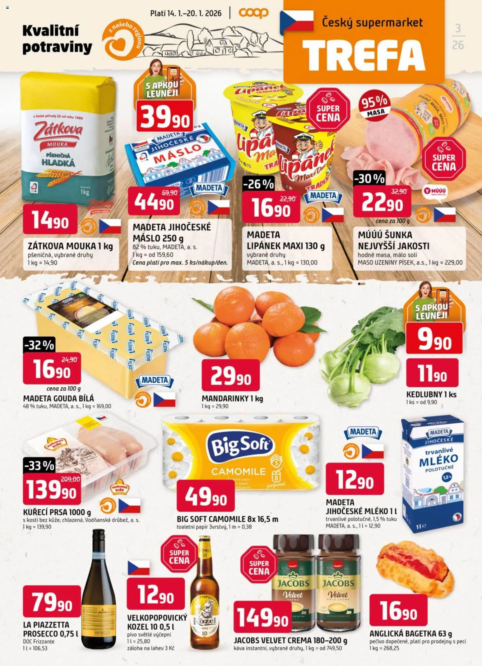 Trefa leták od 14.01.2026 | Strana: 1 | Produkty: Prosecco, Mandarinky, Pečivo, Potraviny