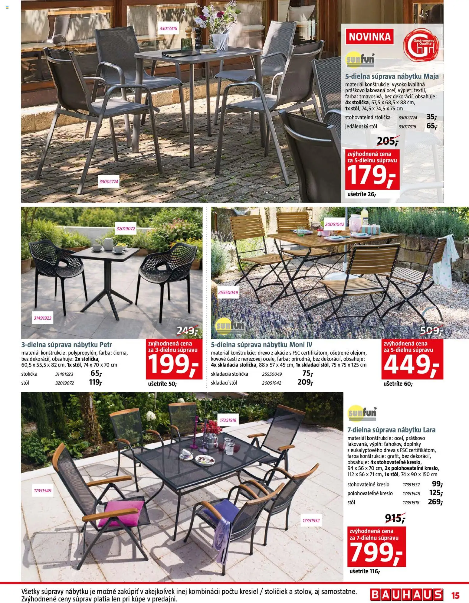 Nové Bauhaus akcie – leták je platný od 09.03.2026 | Strana: 15 | Produkty: Jedálenský stôl, Stôl, Skladacia stolička, Kreslo