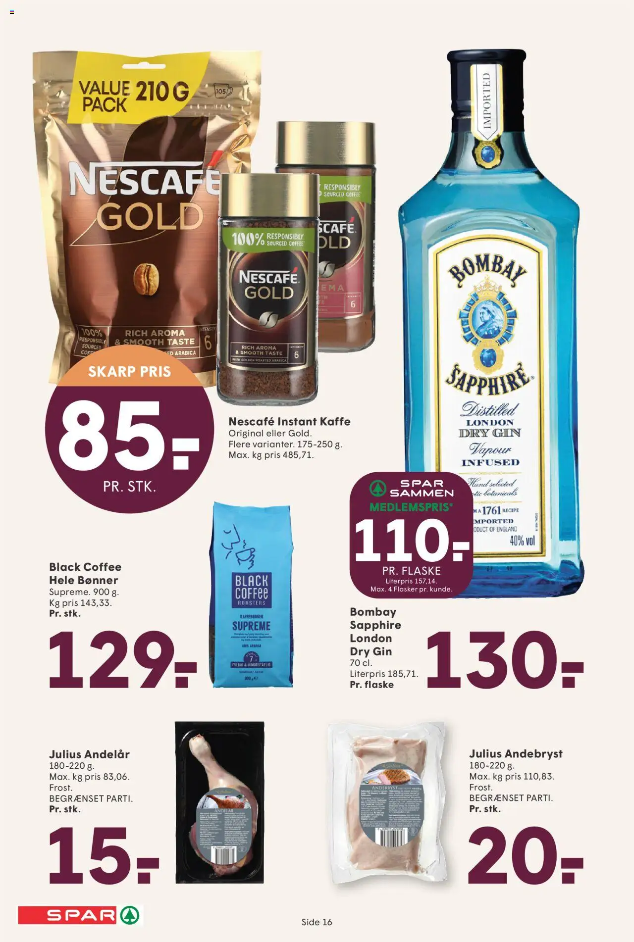 Spar tilbudsavis – gyldig fra 10.10.2025 | Side: 16 | Produkter: Kaffe, Gin, Bønner, Instant Kaffe