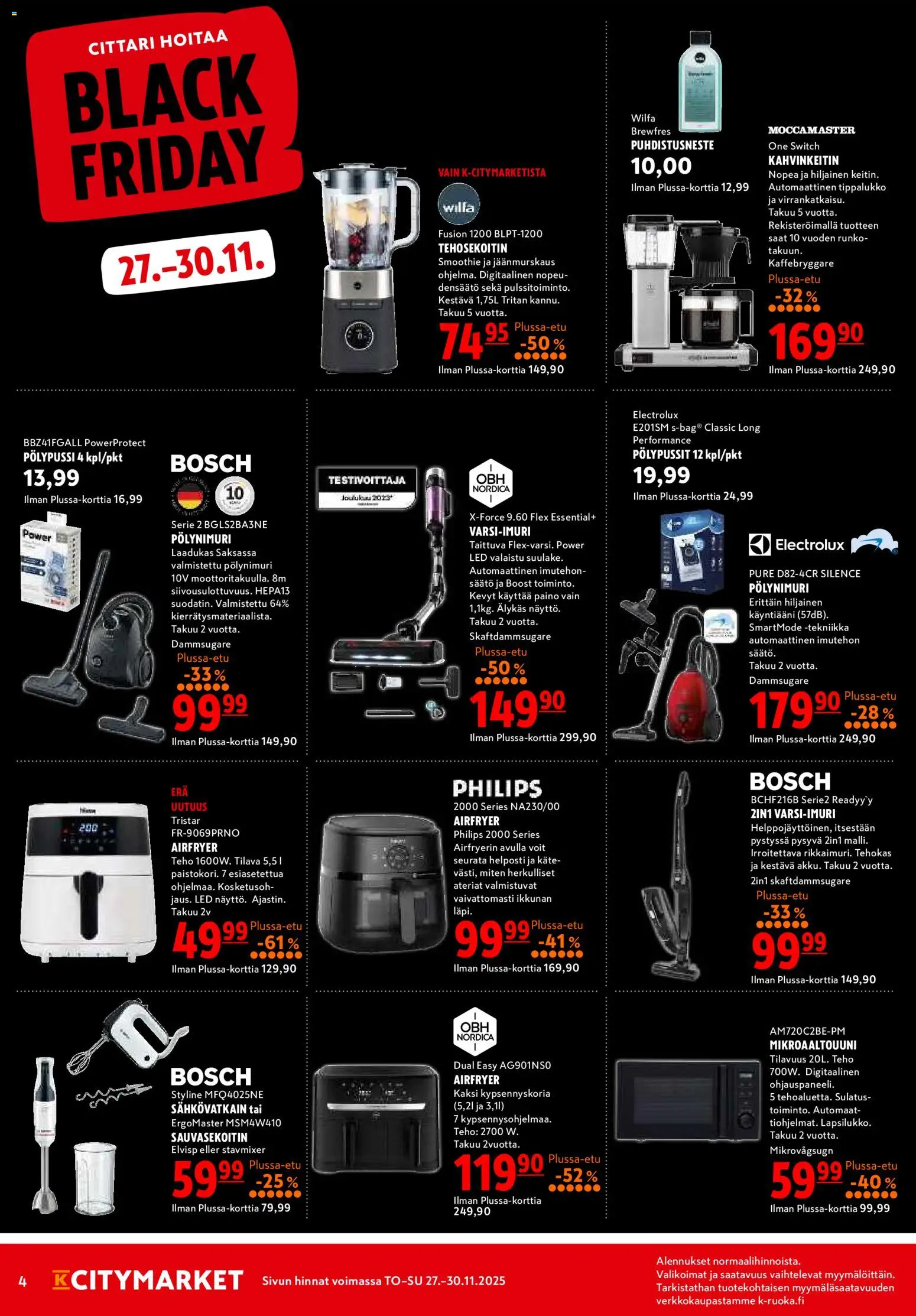 K-Citymarket tarjoukset – voimassa 27.11.2025 alkaen | Sivu: 4 | Tuotteet: Mikroaaltouuni, Kahvinkeitin, Sähkövatkain, Sauvasekoitin