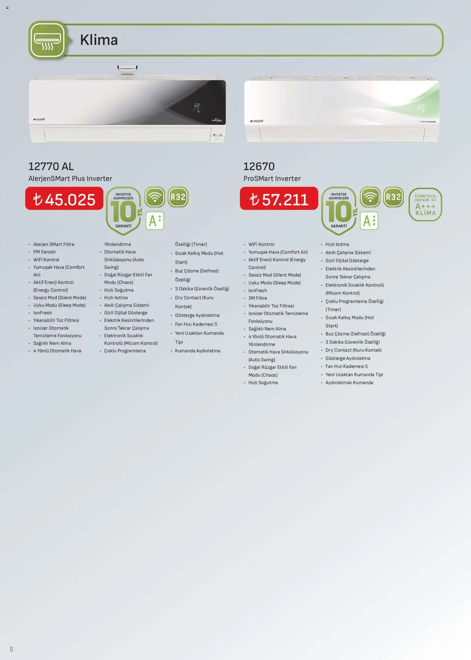 Arçelik İklimlendirme Kataloğu - 16.12.2025 tarihinden itibaren geçerlidir | Sayfa: 5 | Ürünler: Klima, Fan