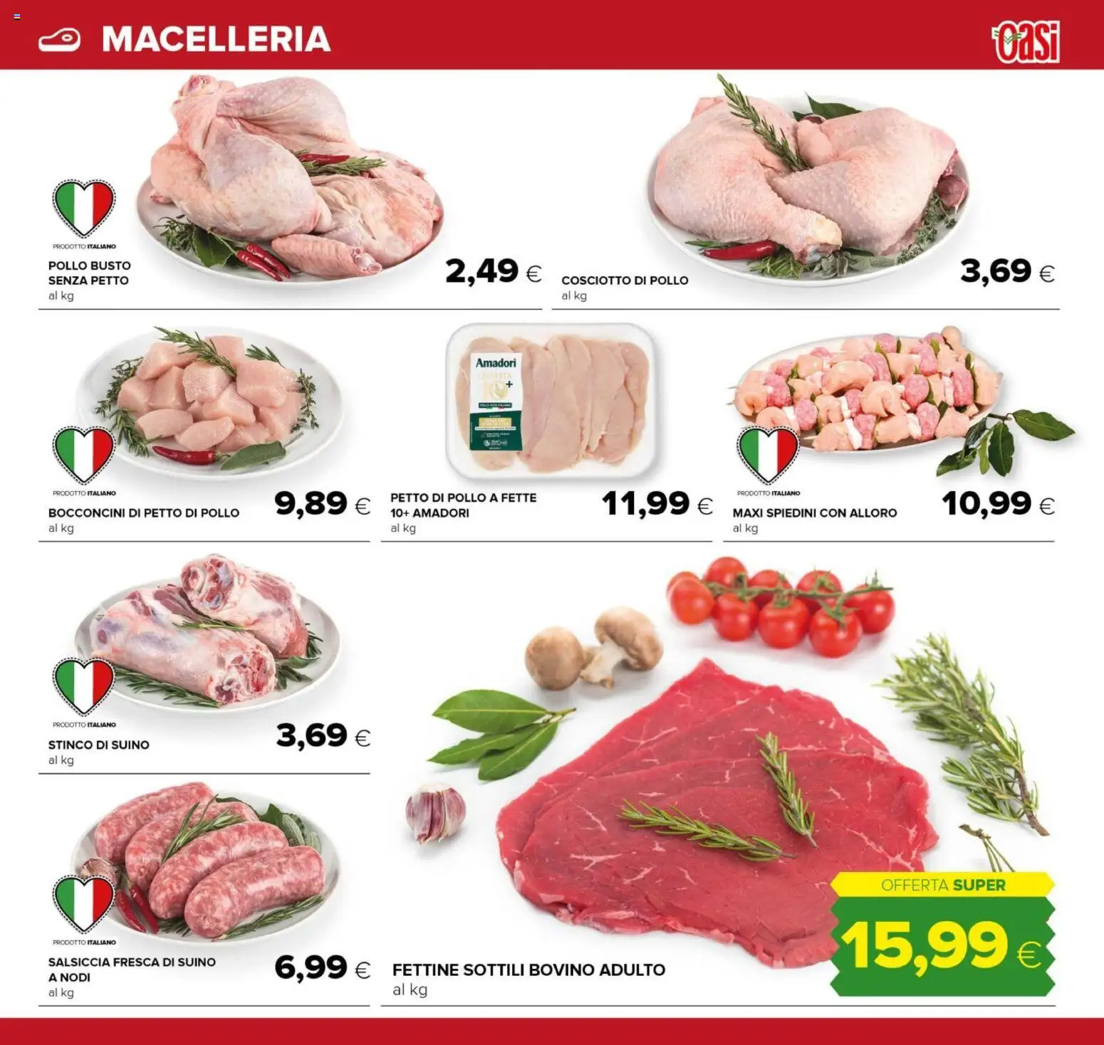 Volantino Oasi del 21.11.2025 | Pagina: 7 | Prodotti: Bovino, Petto di Pollo, Salsiccia, Spiedini