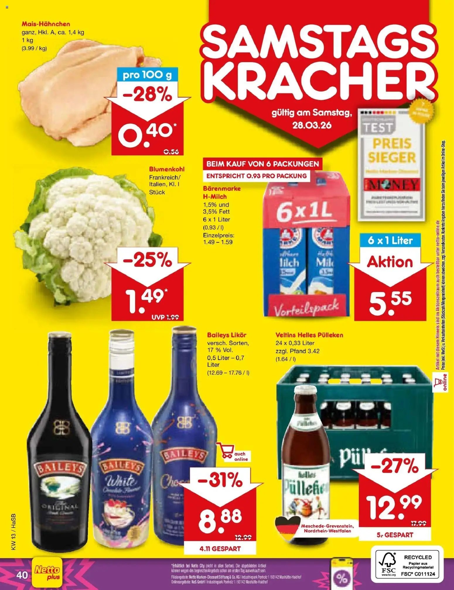 Netto Marken-Discount Prospekt Wuppertal	 – gültig ab 23.03.2026 | Seite: 56 | Produkte: Helles pulleken, Baileys, Blumenkohl, Veltins