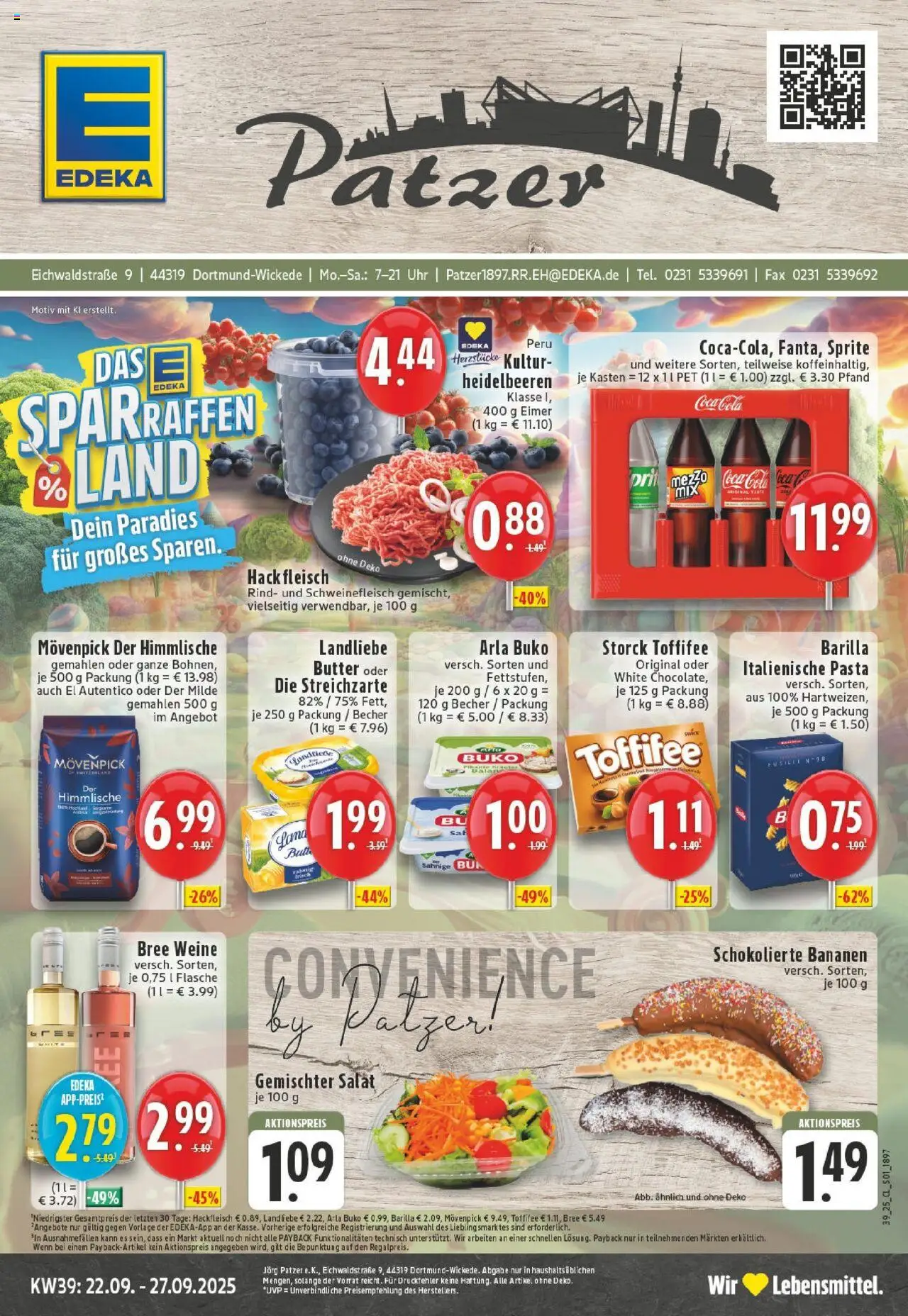 Edeka prospekt Dortmund - Wickede	 – gültig ab 21.09.2025 | Seite: 1 | Produkte: Cola, Barilla, Bananen, Heidelbeeren