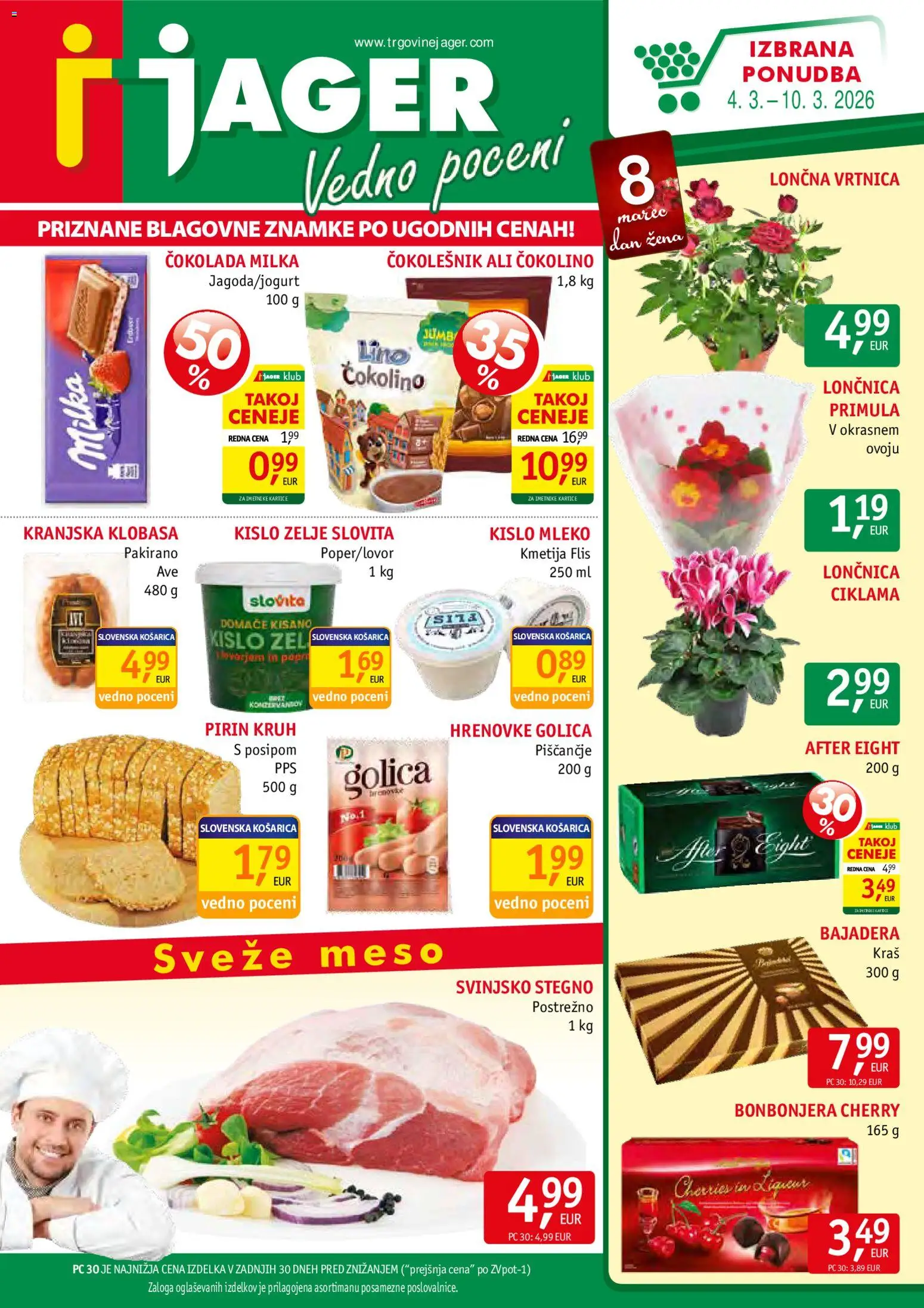 Novi Jager katalog ponudbe – veljaven od 04.03.2026 | Stran: 1 | Izdelki: Hrenovke, Čokolino, Čokolešnik, Cokolada