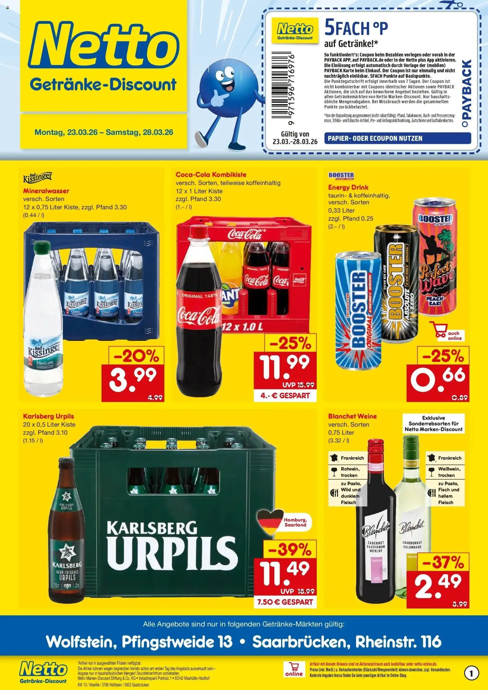 Netto Marken-Discount Prospekt Saarbrücken	 – gültig ab 23.03.2026 | Seite: 1 | Produkte: Coca cola, Cola, Mineralwasser, Fisch