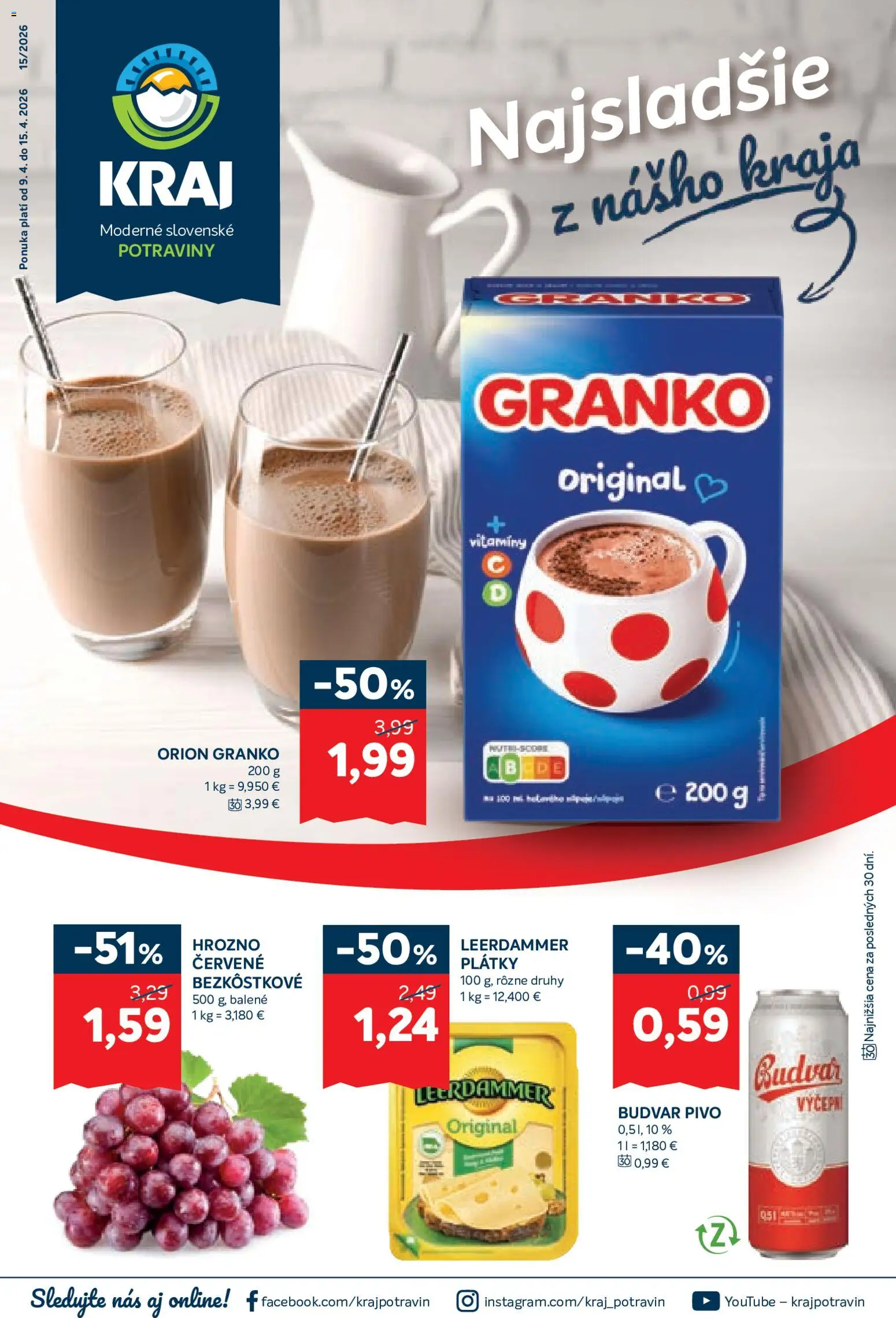 Nové Kraj akcie – leták je platný od 09.04.2026 | Strana: 1 | Produkty: Pivo, Budvar, Granko, Hrozno