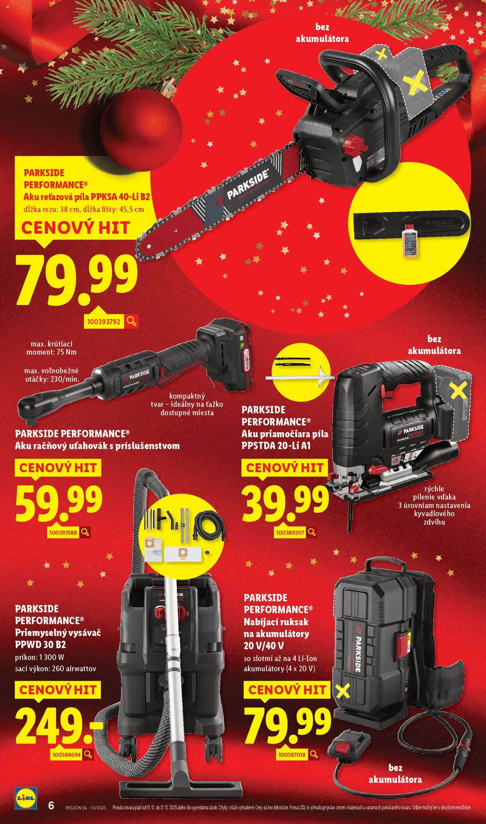 Nové Lidl akcie – leták je platný od 15.12.2025 | Strana: 6 | Produkty: Aku reťazová píla, Priemyselný vysávač, Reťazová píla, Píla