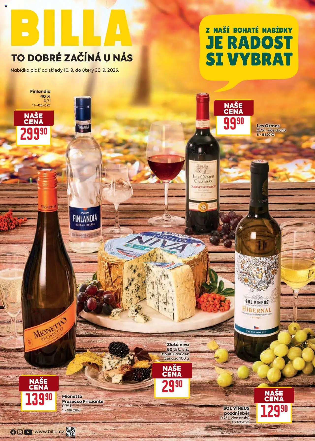 Billa leták - Podzimní nápoje od 10.09.2025 | Strana: 1 | Produkty: Vodka, Finlandia vodka, Cabernet Sauvignon, Niva