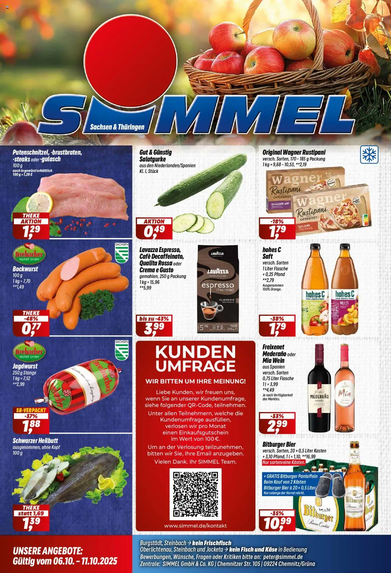 Simmel Prospekt 	 – gültig ab 06.10.2025 | Seite: 1 | Produkte: Bockwurst, Freixenet, Äpfel, Wein