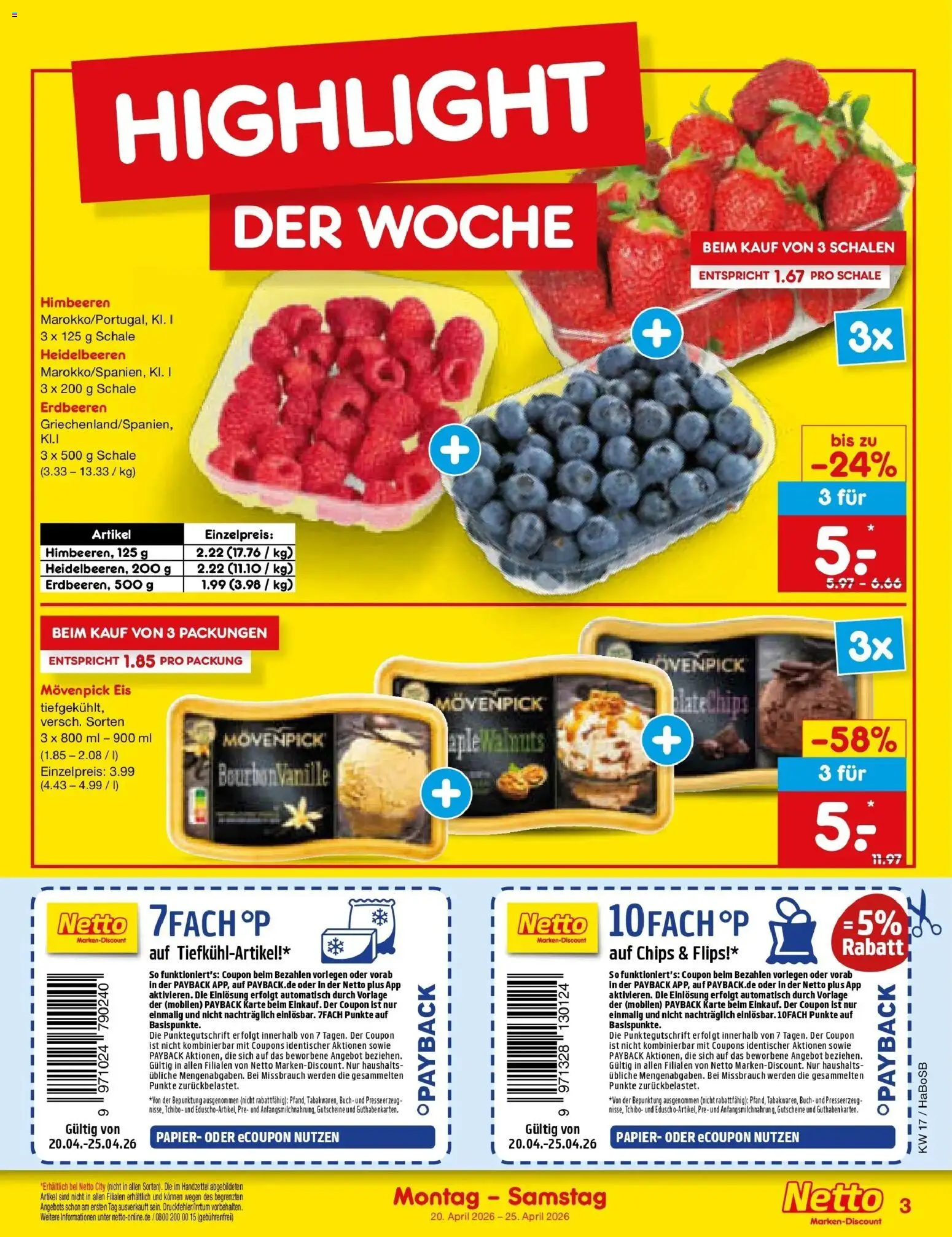 Netto Marken-Discount Prospekt Wuppertal	 – gültig ab 20.04.2026 | Seite: 3 | Produkte: Himbeeren, Heidelbeeren, Movenpick eis, Erdbeeren