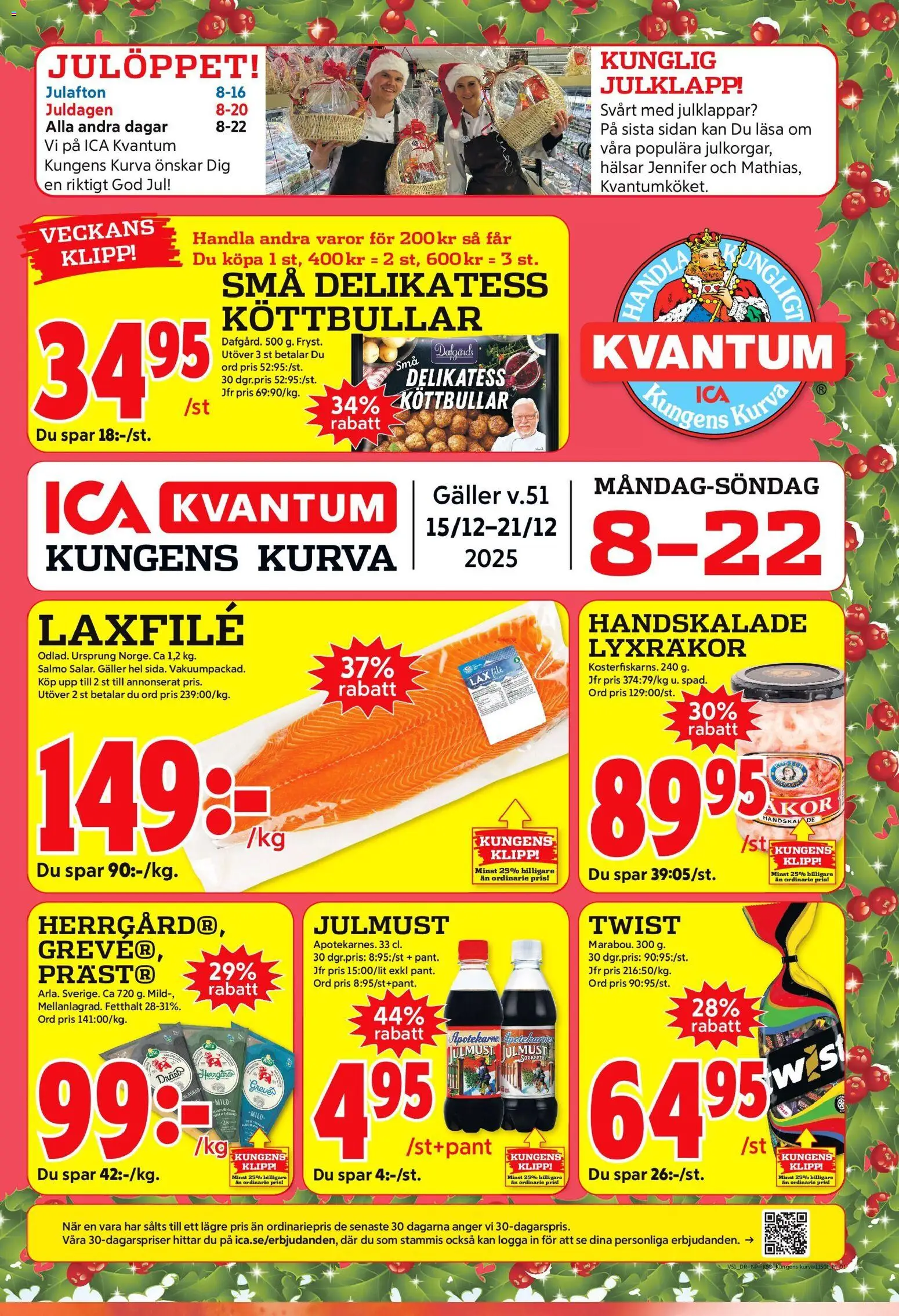 ICA Kvantum reklamblad aktuell från 15.12.2025 | Sida: 1 | Produkter: Köttbullar, Galler, Lax