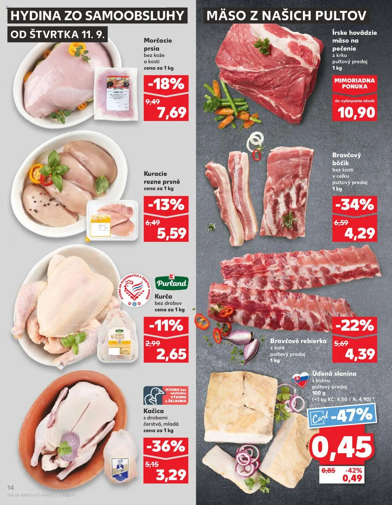 Nové Kaufland akcie – leták je platný od 11.09.2025 | Strana: 14 | Produkty: Bravčový bôčik, Kačica, Kuracie rezne, Kurča