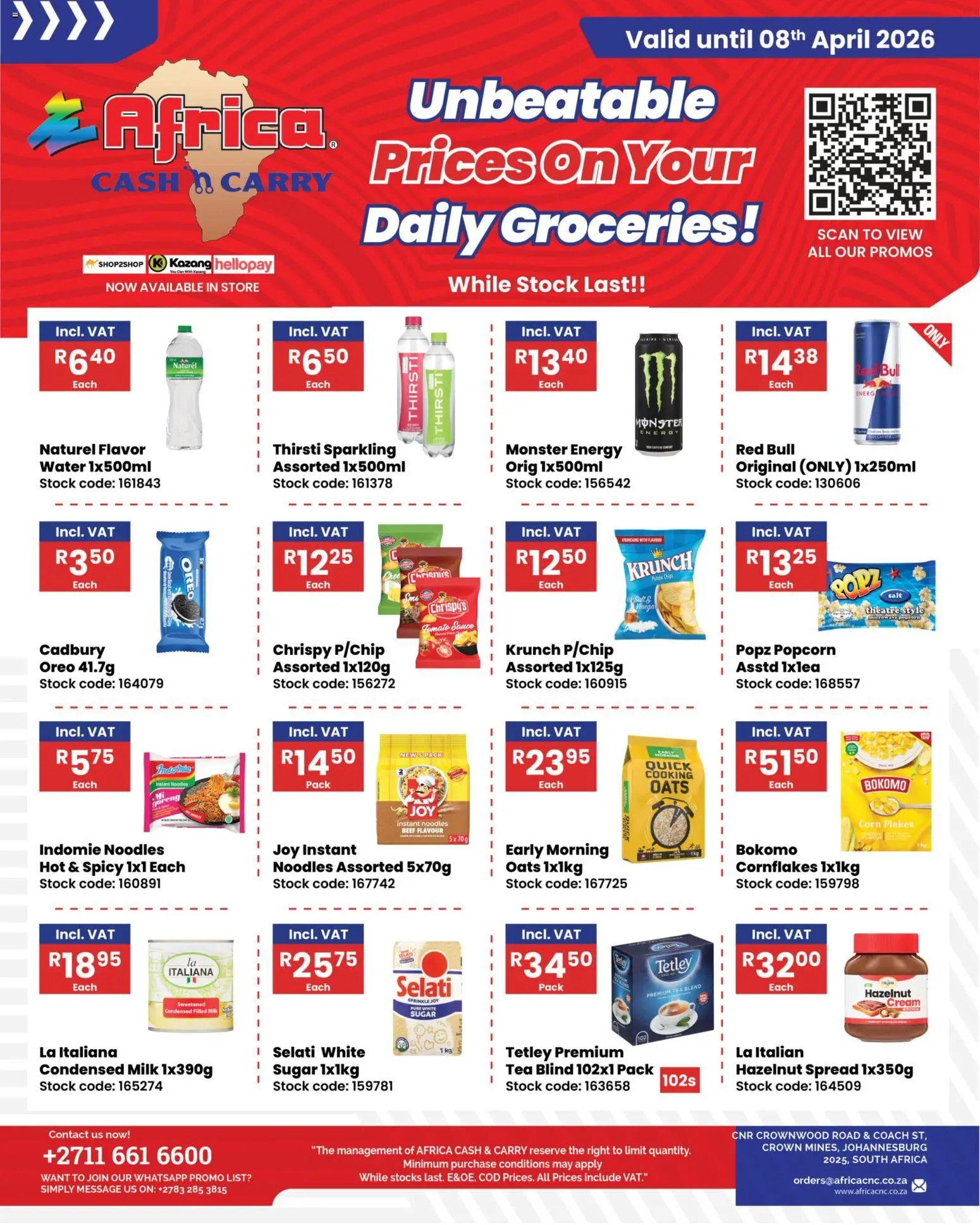 New Africa Cash & Carry catalogue – valid from 27.03.2026 | Page: 1 | Products: Vinegar, Noodles, Chips, Stock