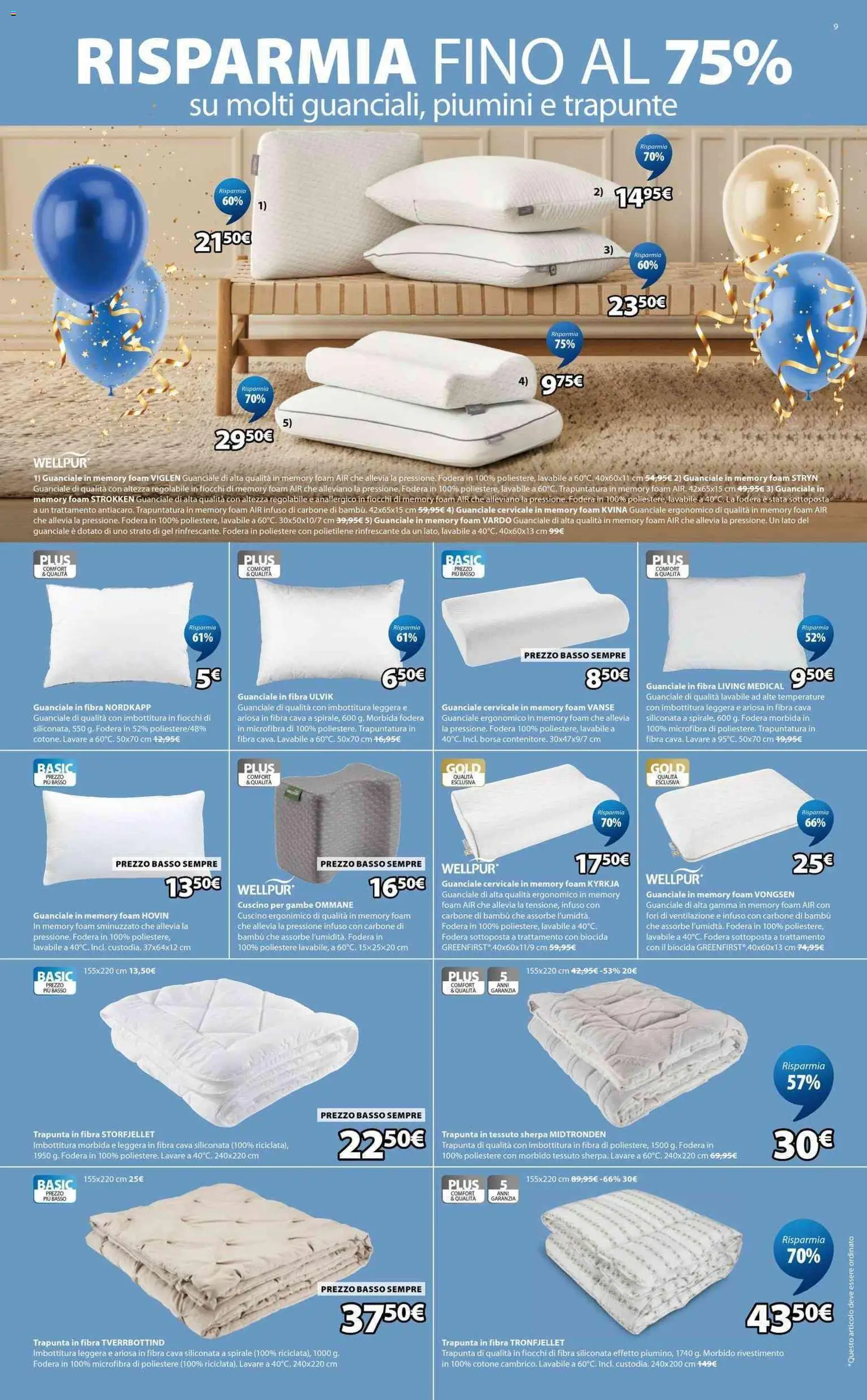 Volantino JYSK del 20.03.2026 | Pagina: 9 | Prodotti: Fiocchi, Trapunta, Cuscino, Guanciale