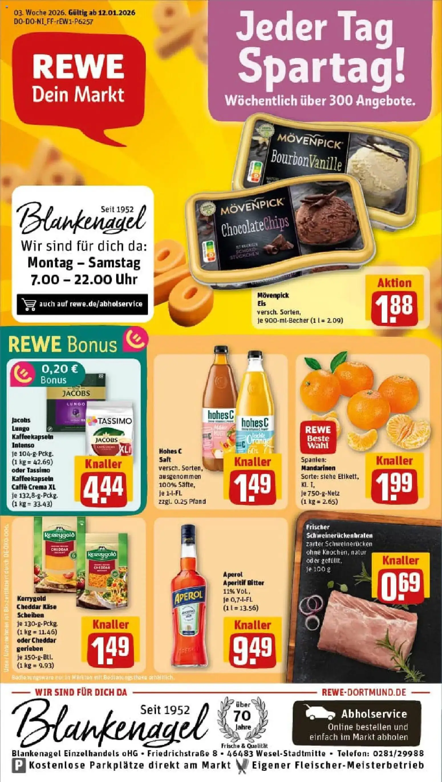 Rewe prospekt Wesel	 – gültig ab 11.01.2026 | Seite: 1 | Produkte: Käse, Mandarinen, Movenpick eis, Saft
