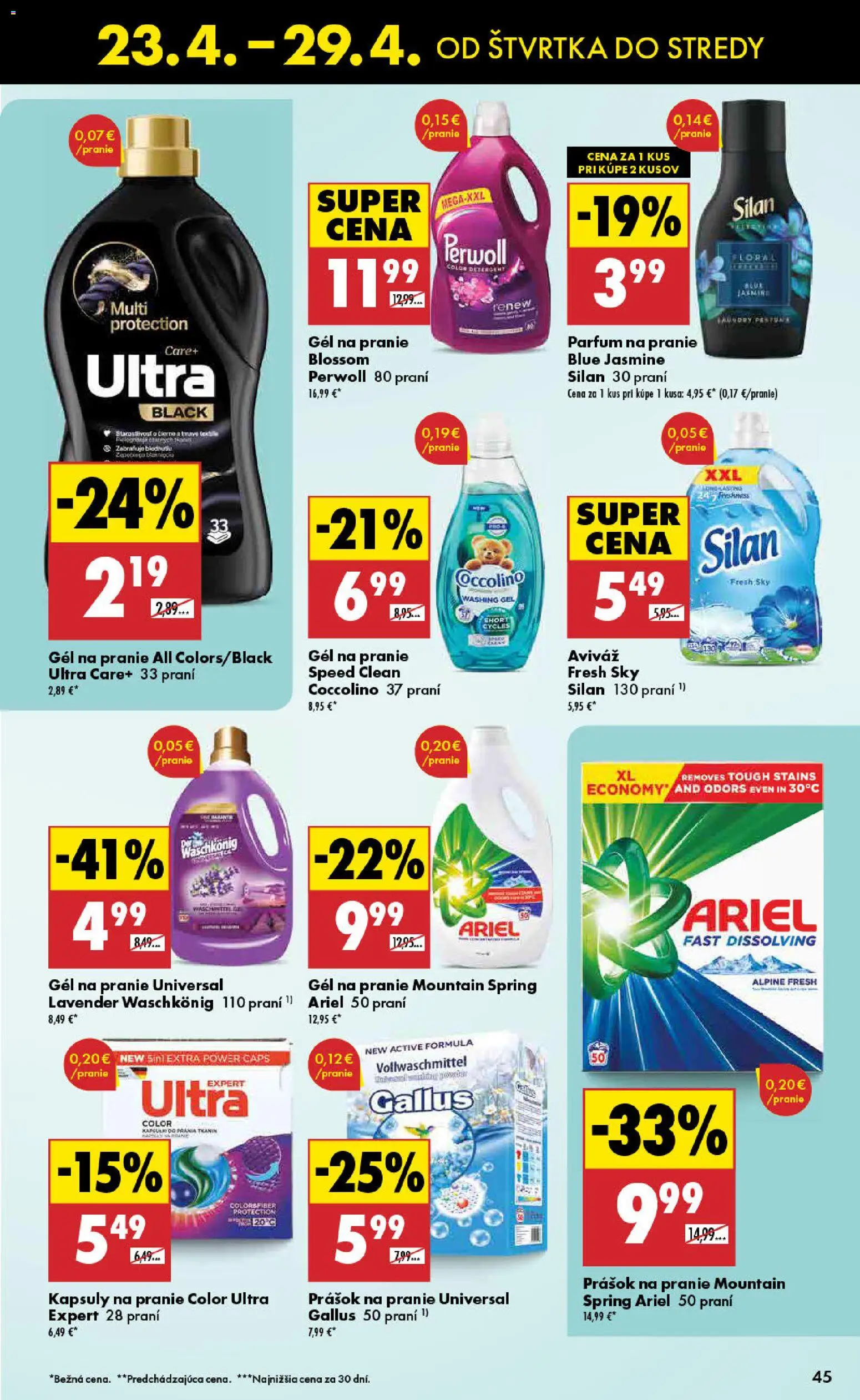 Nové Biedronka akcie – leták je platný od 23.04.2026 | Strana: 45 | Produkty: Perwoll, Prášok na pranie, Ariel, Coccolino