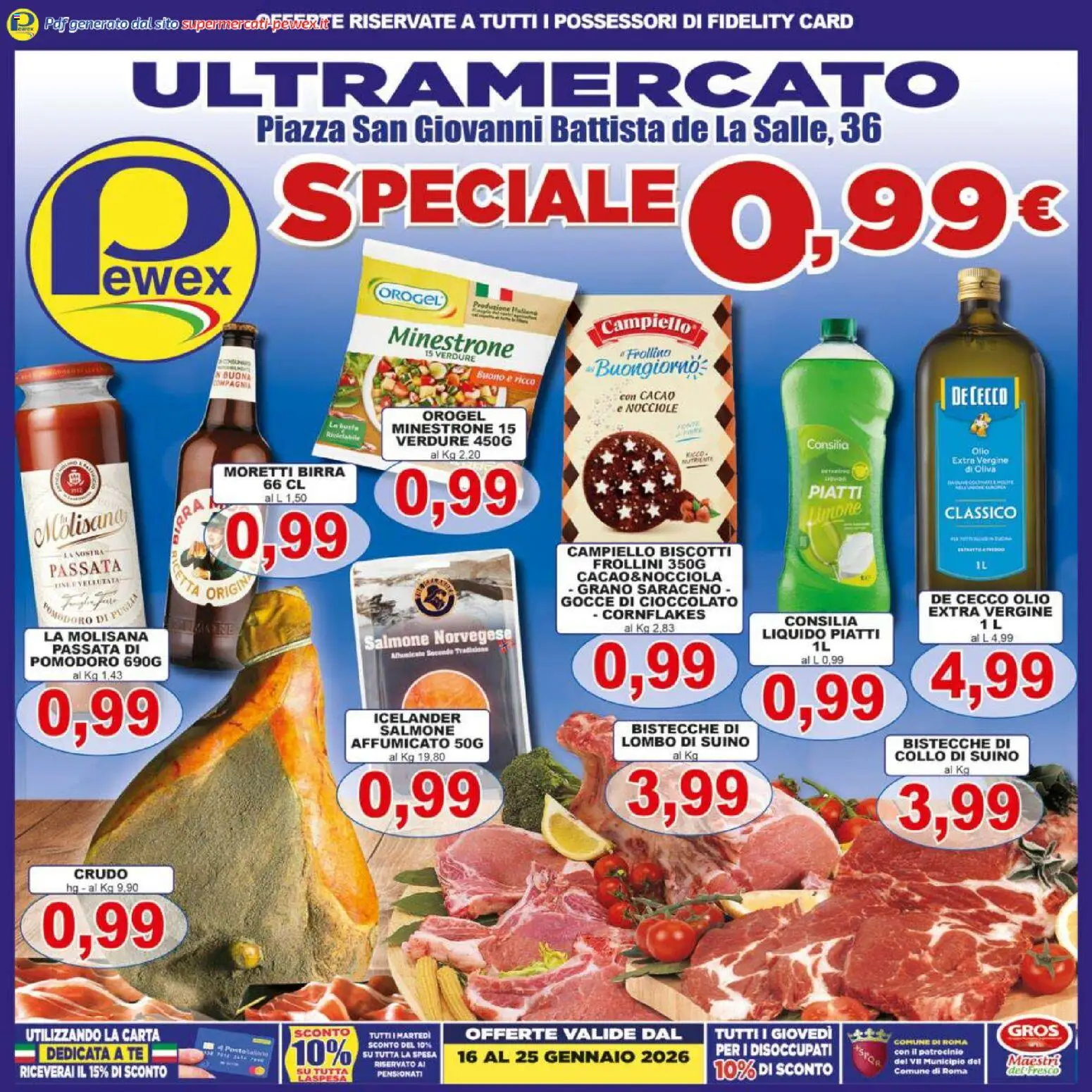Volantino Pewex del 16.01.2026 | Pagina: 1 | Prodotti: Birra, Biscotti, Suino, Olio