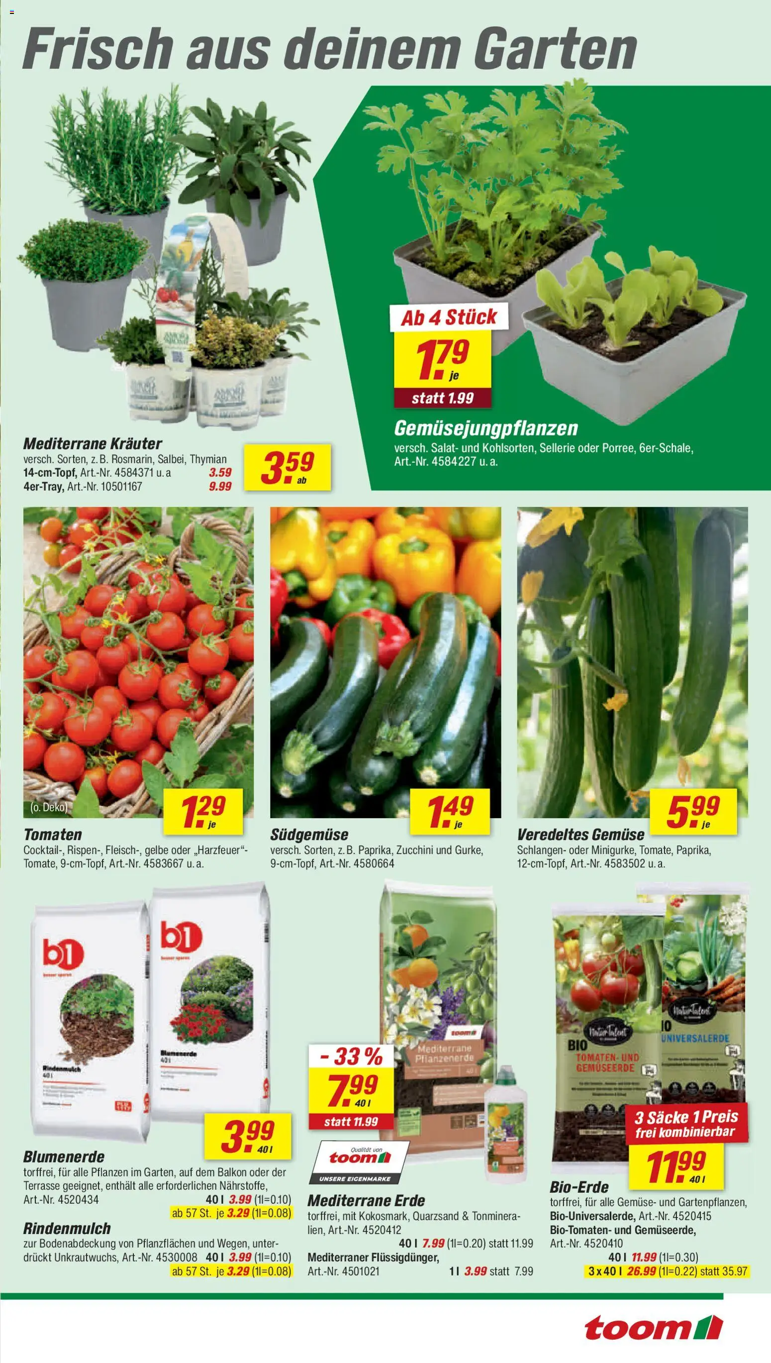 Toom Baumarkt Prospekt 	 – gültig ab 18.04.2026 | Seite: 3 | Produkte: Rindenmulch, Tomaten, Gemüse, Salat