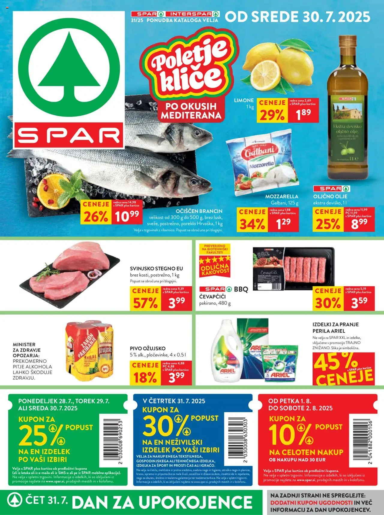 Spar katalog 31/25 │ velja od 30.07.2025 | Stran: 1 | Izdelki: Čevapčiči, Oljčno olje, Olje, Pivo