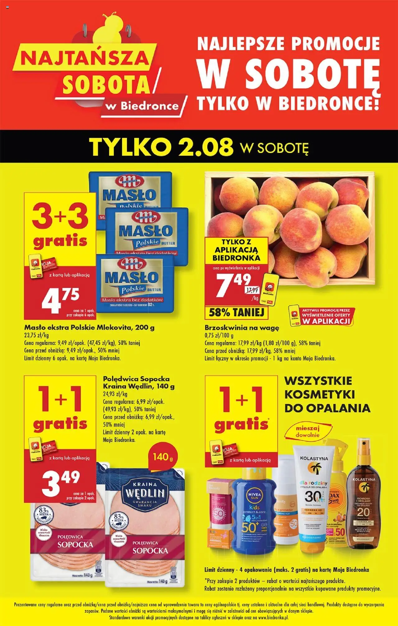 Biedronka gazetka - Najtańsza sobota od 02.08.2025 | Strona: 1 | Produkty: Brzoskwinia, Karta, Kosmetyki, Masło