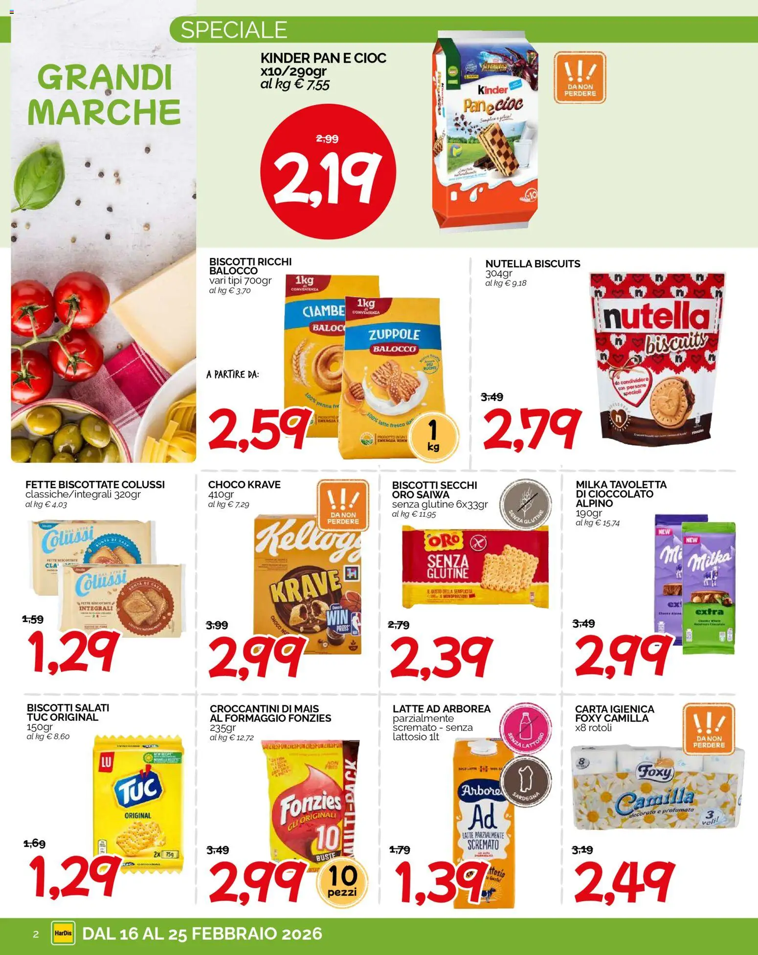 Volantino HarDis del 16.02.2026 | Pagina: 2 | Prodotti: Carta igienica, Formaggio, Mais, Fette biscottate