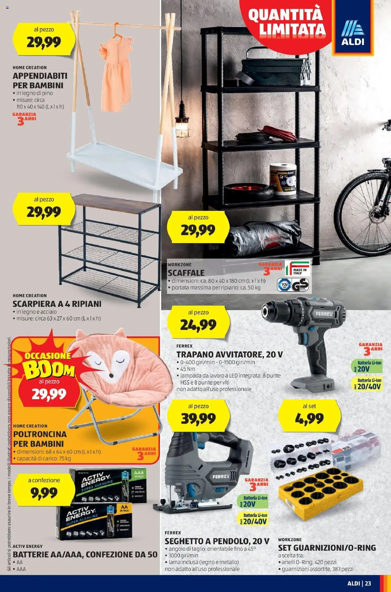 Volantino Aldi del 22.06.2025 | Pagina: 23 | Prodotti: Trapano, Scaffale, Scarpiera, Lampada