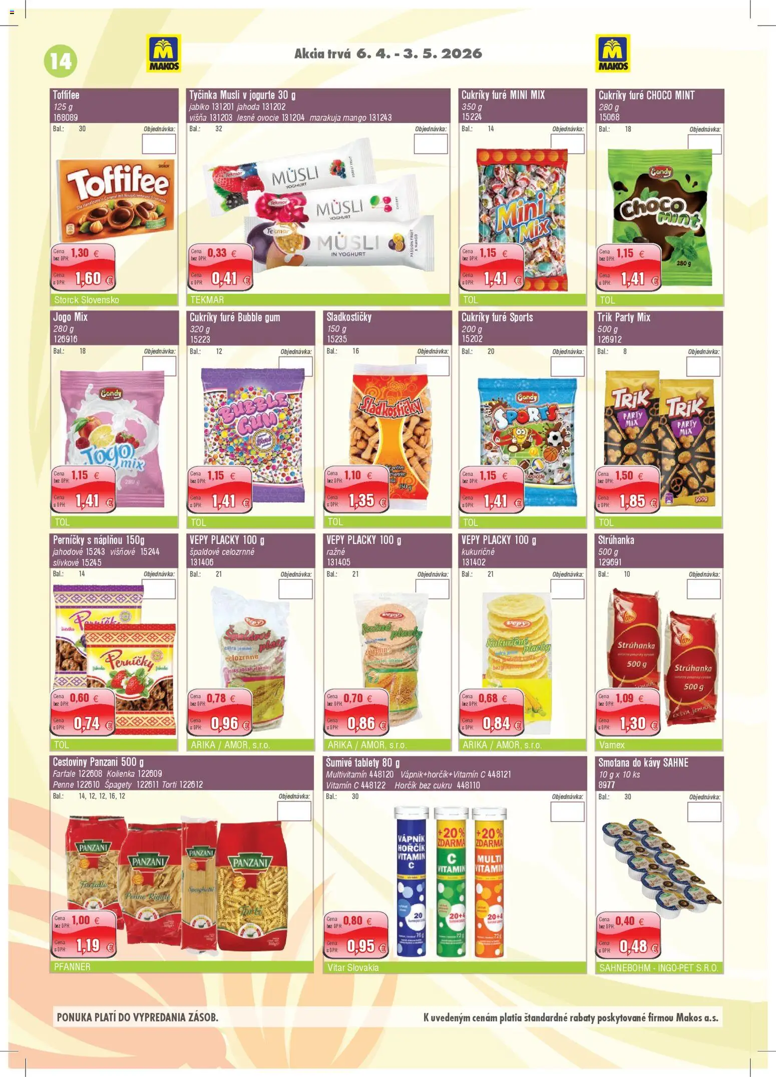 Nové Makos akcie – leták je platný od 06.04.2026 | Strana: 14 | Produkty: Penne, Cestoviny, Smotana, Toffifee