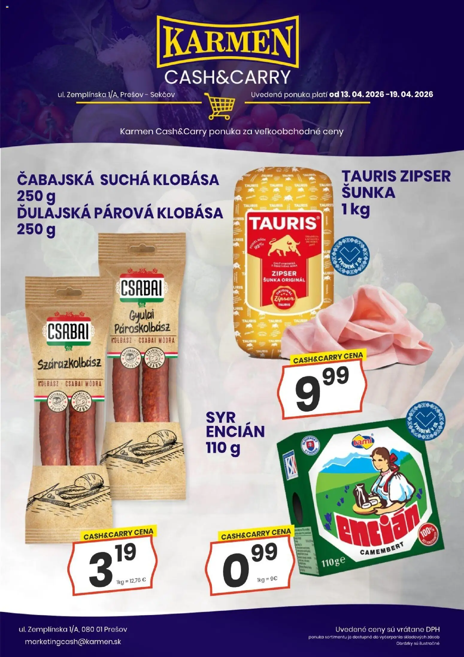 Nové KARMEN CBA akcie – leták je platný od 13.04.2026 | Strana: 4 | Produkty: Šunka, Klobása, Encián